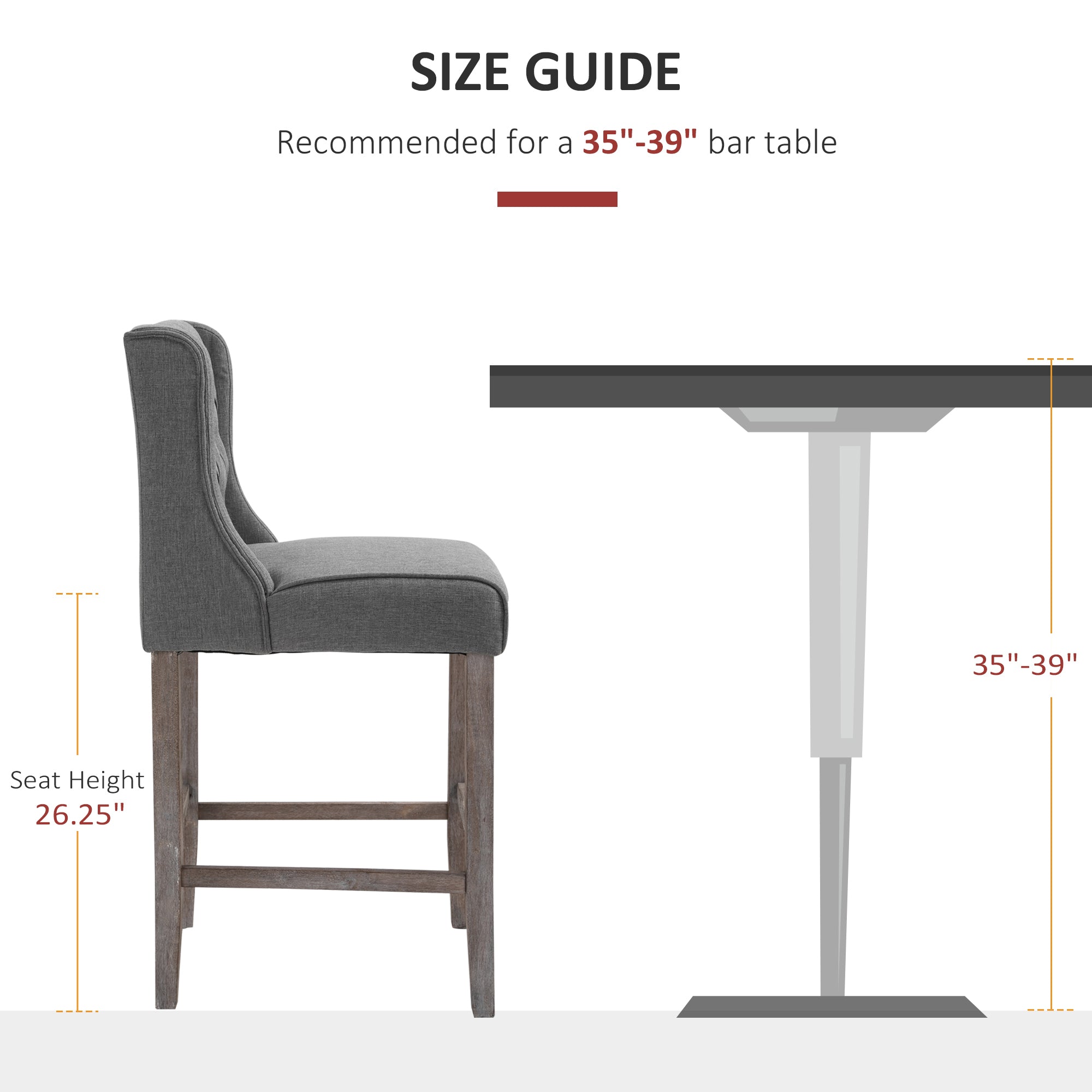 26.25" Counter Height Bar Stools, Tufted Wingback Armless Upholstered Dining Chair with Rubber Wood Legs, Set of 2, Gray