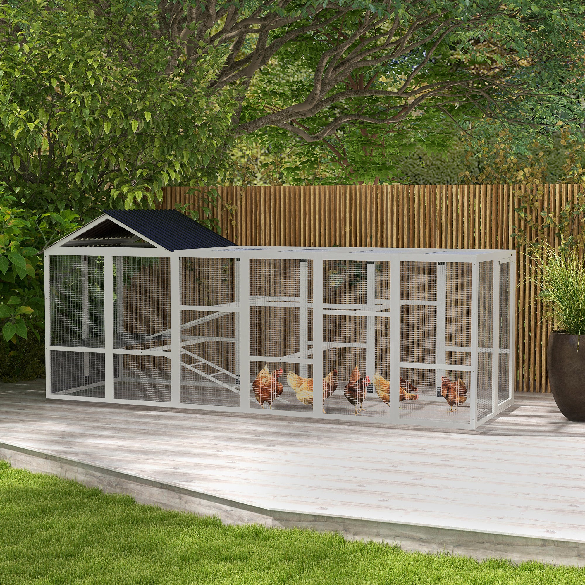 Wooden Chicken Coop Run for 6 - 10 Chickens, Hen House Add-On with Storage, Perches, 141.75" x 48" x 61", Gray - Gray - Image 2