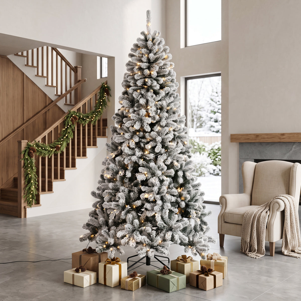 7.5ft Flocked Prelit Christmas Tree, Northern Pine, Artificial Xmas Tree with Curved Tips, LEDs
