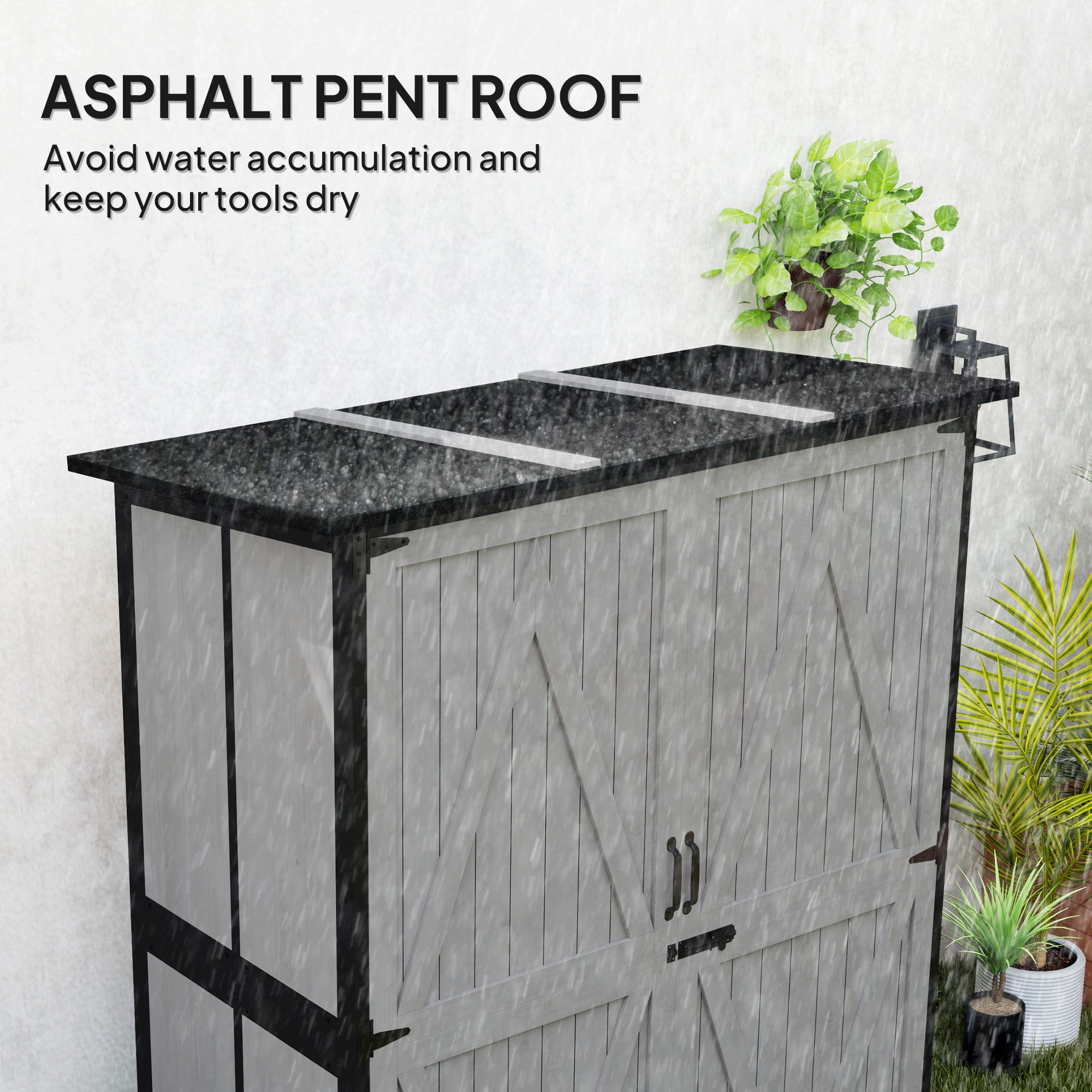 Wood Storage Shed, Outdoor Garden Shed with Asphalt Roof, 2 Shelves, Lockable Doors and Adjustable Feet, Gray - Gray - Image 5