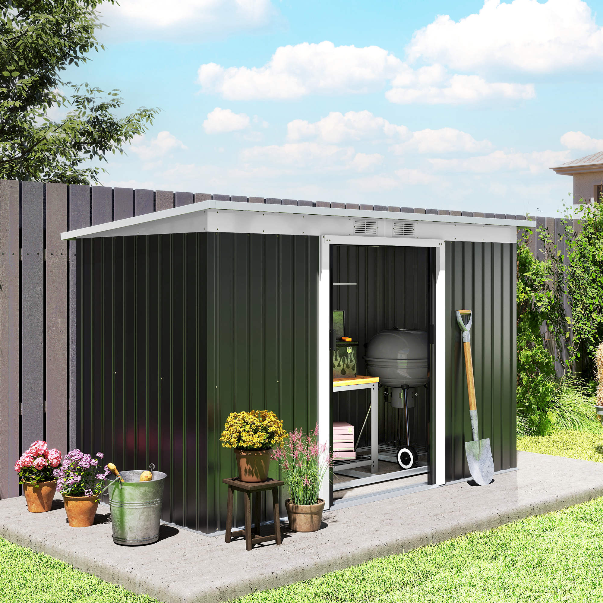 9' x 4' Metal Outdoor Storage Shed, Tool House with Double Lockable Doors for Backyard, Patio, Lawn, Garage, Dark Gray - Dark Gray - Image 2
