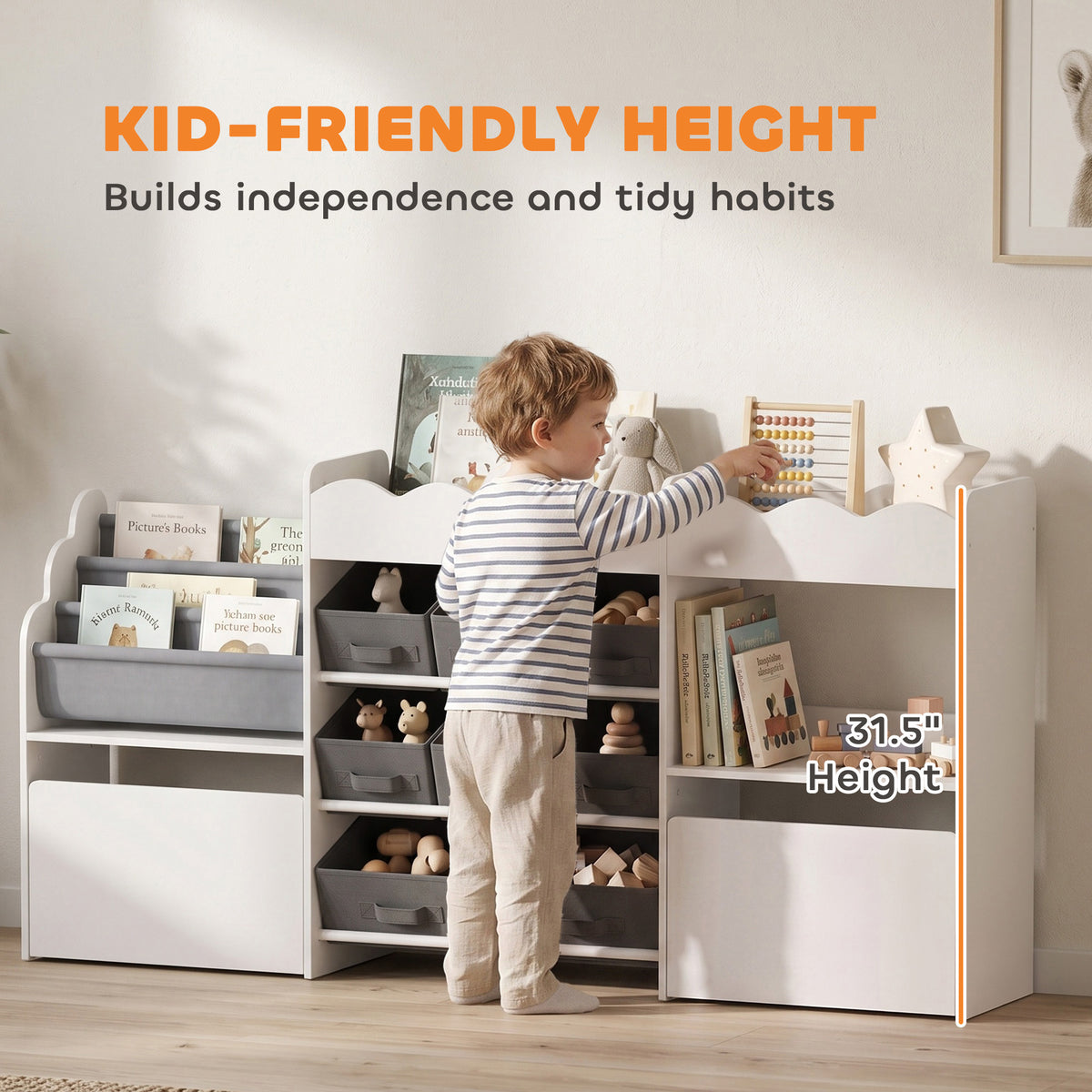 Kids Toy Storage Organizer, Kids Bookshelf with 8 Fabric Bins, 2 Rolling Drawers, Open Shelves for Kids Room, White