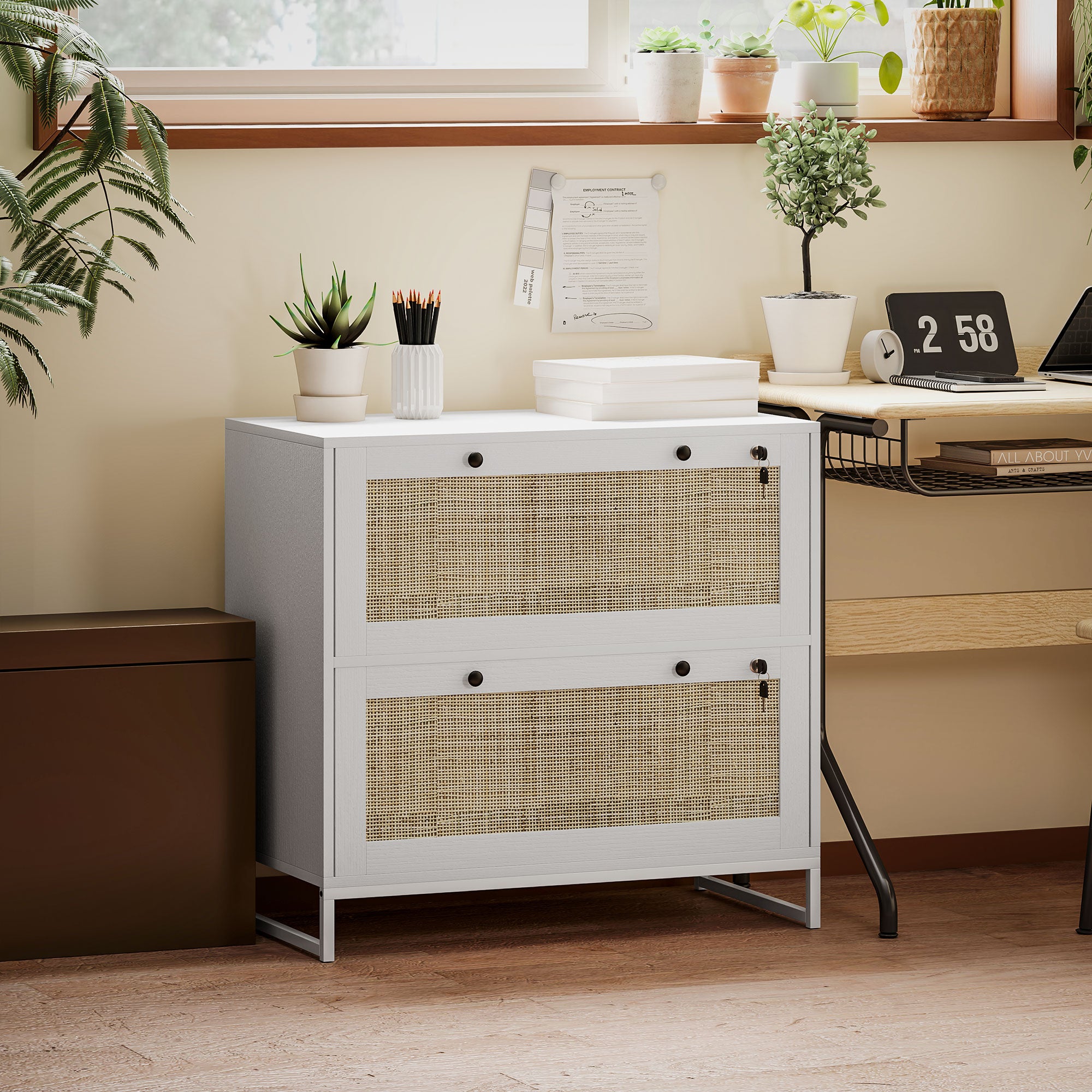 Lockable Filing Cabinet, Boho 2 Drawer File Cabinet with Adjustable Hanging Bar for Letter, A4 and Legal Size, White