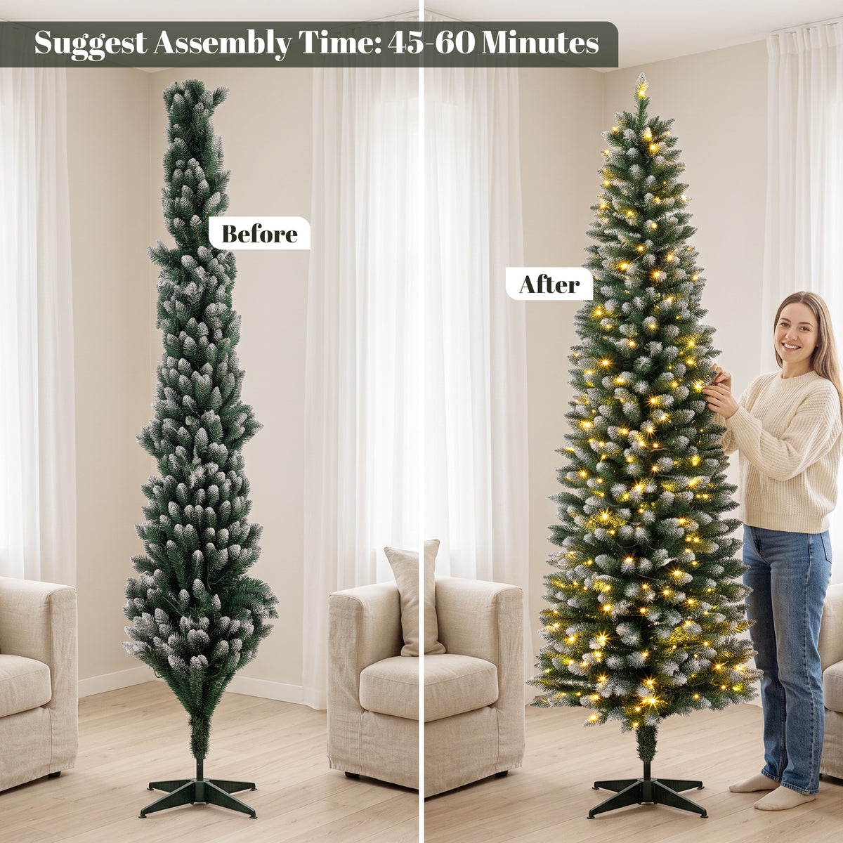 8ft Pencil Prelit Christmas Tree, Dual Color LEDs, Flocked, Remote, Slim Xmas Tree with 11 Modes, Green White