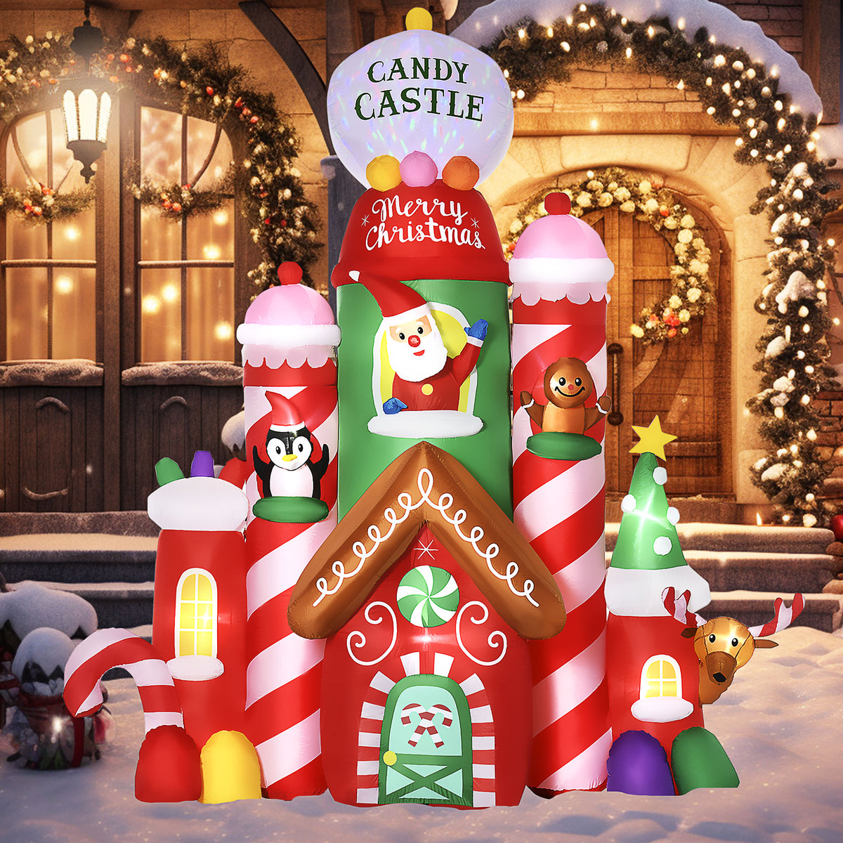 10ft Christmas Inflatables Outdoor Decorations Candy Castle, Blow-Up LED Yard Christmas Decor, Built-in Rotating Colorful Light for Garden, Lawn, Party