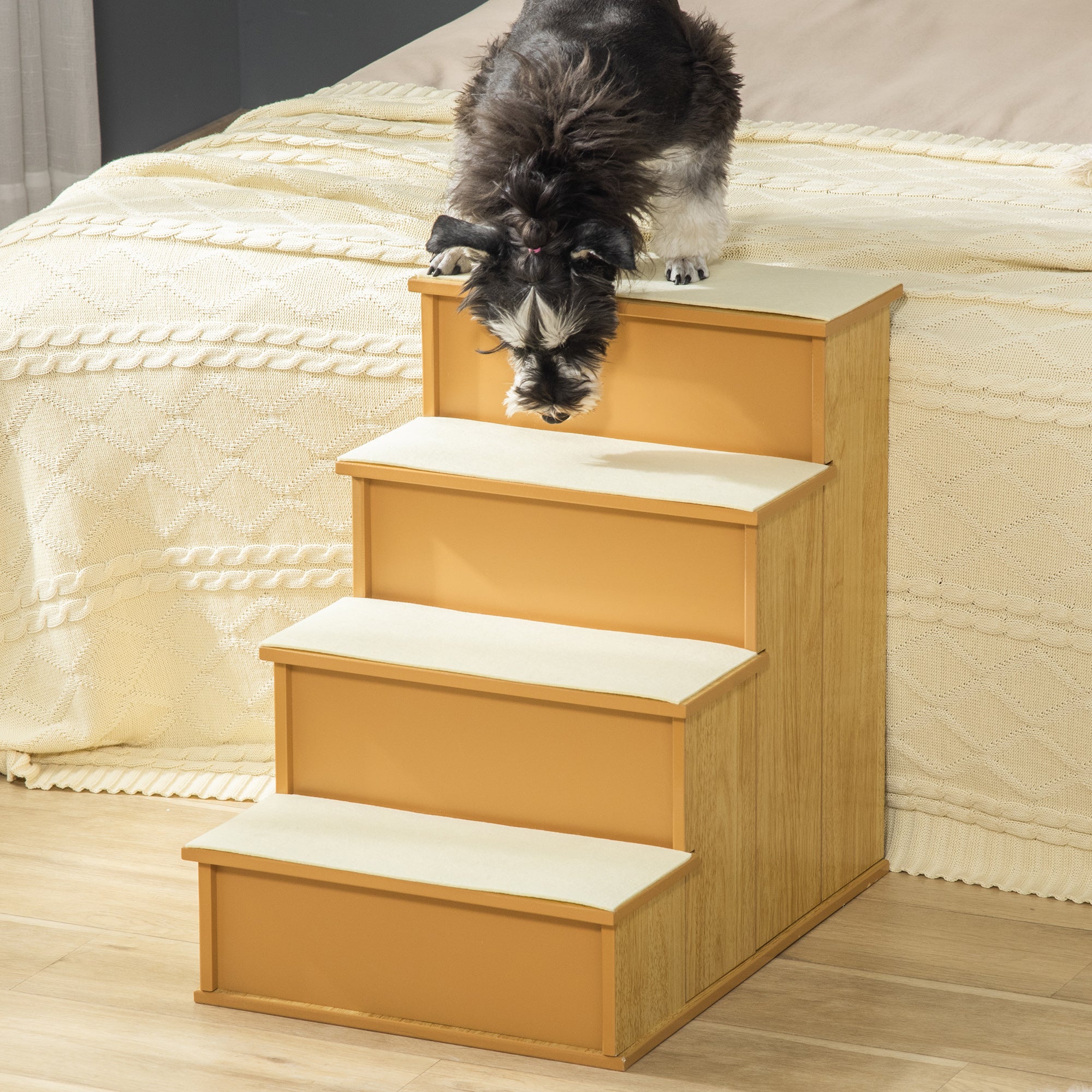 Pet Stairs, Small Pet Steps with Cushioned Removable Covering for Dogs and Cats Up To 22 lbs, Natural - Natural Wood - Image 2