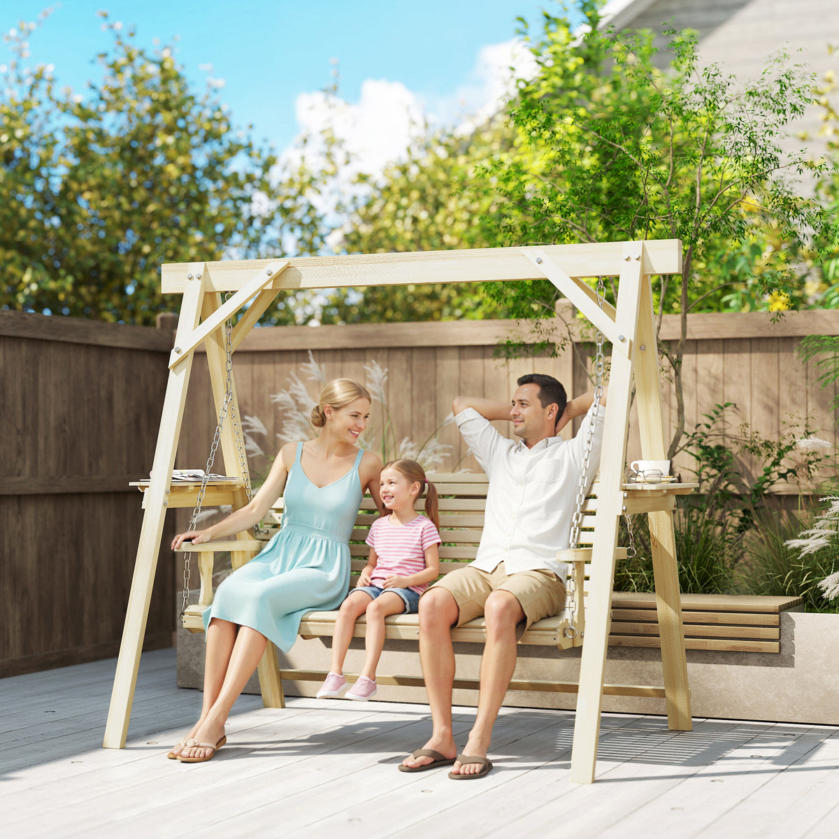 3 Seat Wooden Porch Swing with Stand, Patio Swing with Side Tables, for Garden, Poolside, Backyard, Natural Wood