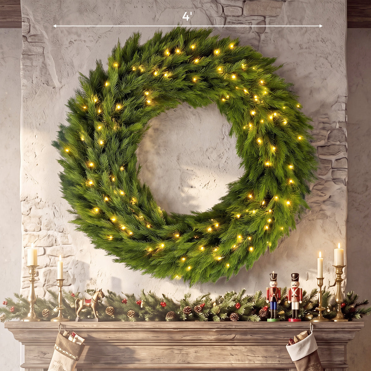 Christmas Decoration, 48 in Pre-Lit Norwegian Spruce Artificial Christmas Wreath with 150 LED Lights, Green