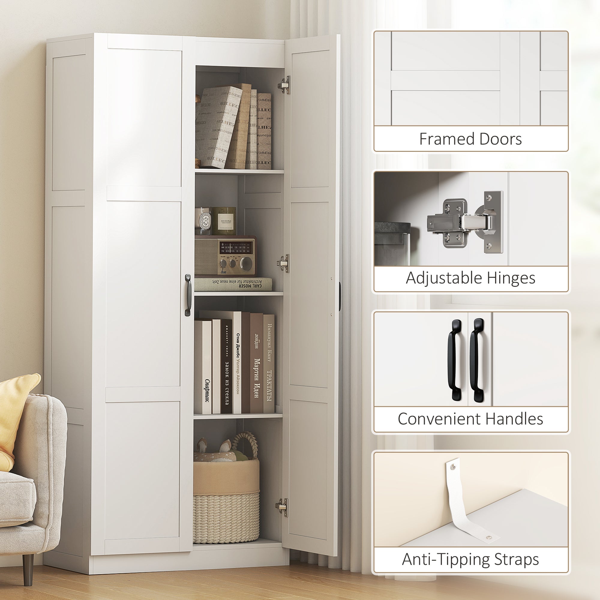 Farmhouse Pantry Cabinet, 71" Tall Kitchen Pantry Storage Cabinet with Soft-Close Hinges, Adjustable Shelves, White