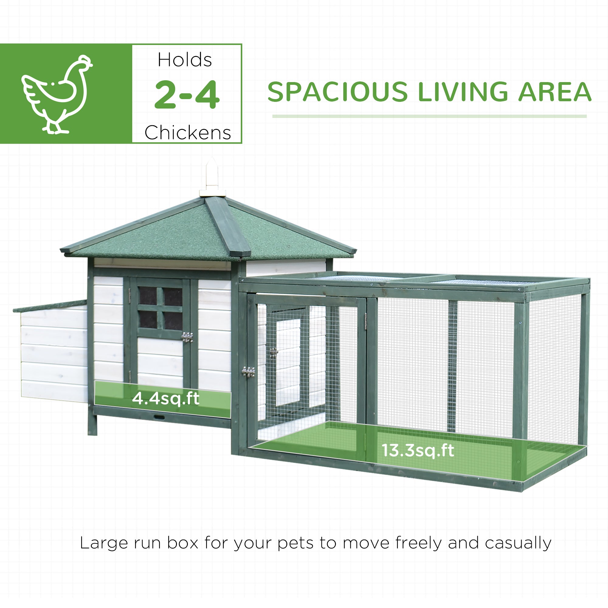 77" Wooden Chicken Coop Hen House Poultry Cage with Weatherproof Roof, Nesting Box, Enclosed Run and Removable Tray for Outdoor Backyard, Green - White - Image 4