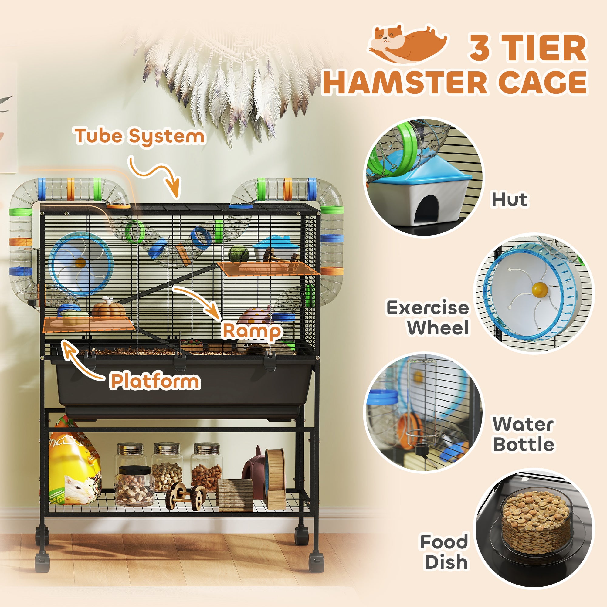 3 Tier Hamster Cage, Rolling Rat Cage with Deep Tray, Storage Shelf, Big Exercise Wheel, Hut, Tube System - Black - Image 5
