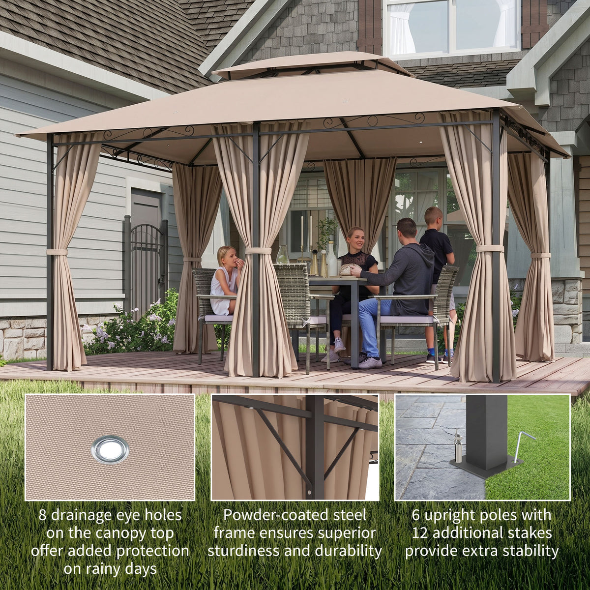 10' x 13' Patio Gazebo, Outdoor Gazebo Canopy Shelter with Curtains, Vented Roof, Steel Frame for Garden, Lawn, Backyard and Deck, Khaki