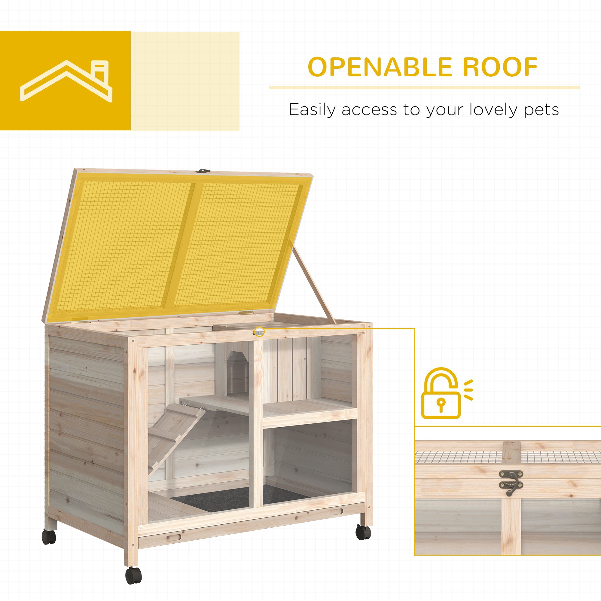 Rabbit Hutch with Wheels, Desk and Side Table Sized, Wooden Rabbit Cage, Waterproof Small Bunny Cage with Removable Tray, Openable Roof, for Rabbits, Chickens, Ducks, Indoor/Outdoor, Natural - Natural Wood - Image 5