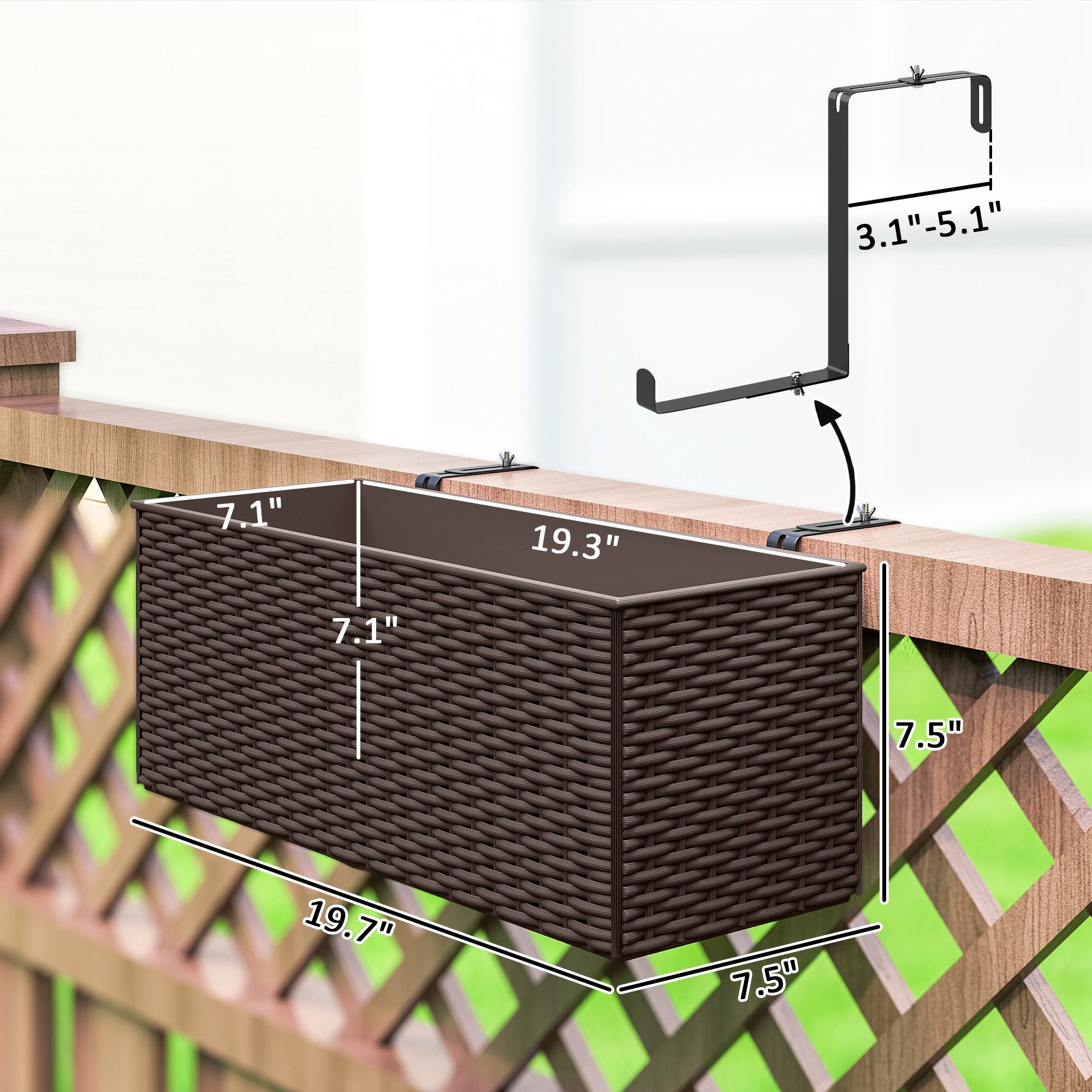 2 Pack 20 Inch Railing Flower Pots, Hanging Flower Pots with Hooks, Drainage Holes for Fence, Rattan Look, Brown - Brown - Image 3