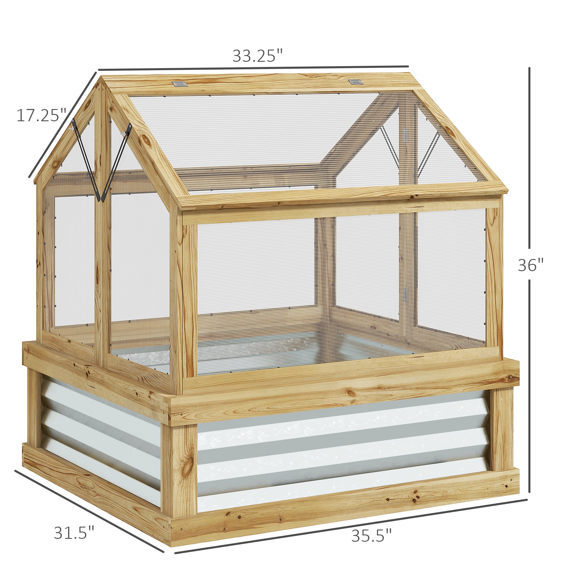 Raised Garden Flower Bed Kit with Greenhouse, Wooden Cold Frame Planter, 35.5" x 31.5" x 36", Natural - Natural Wood - Image 3