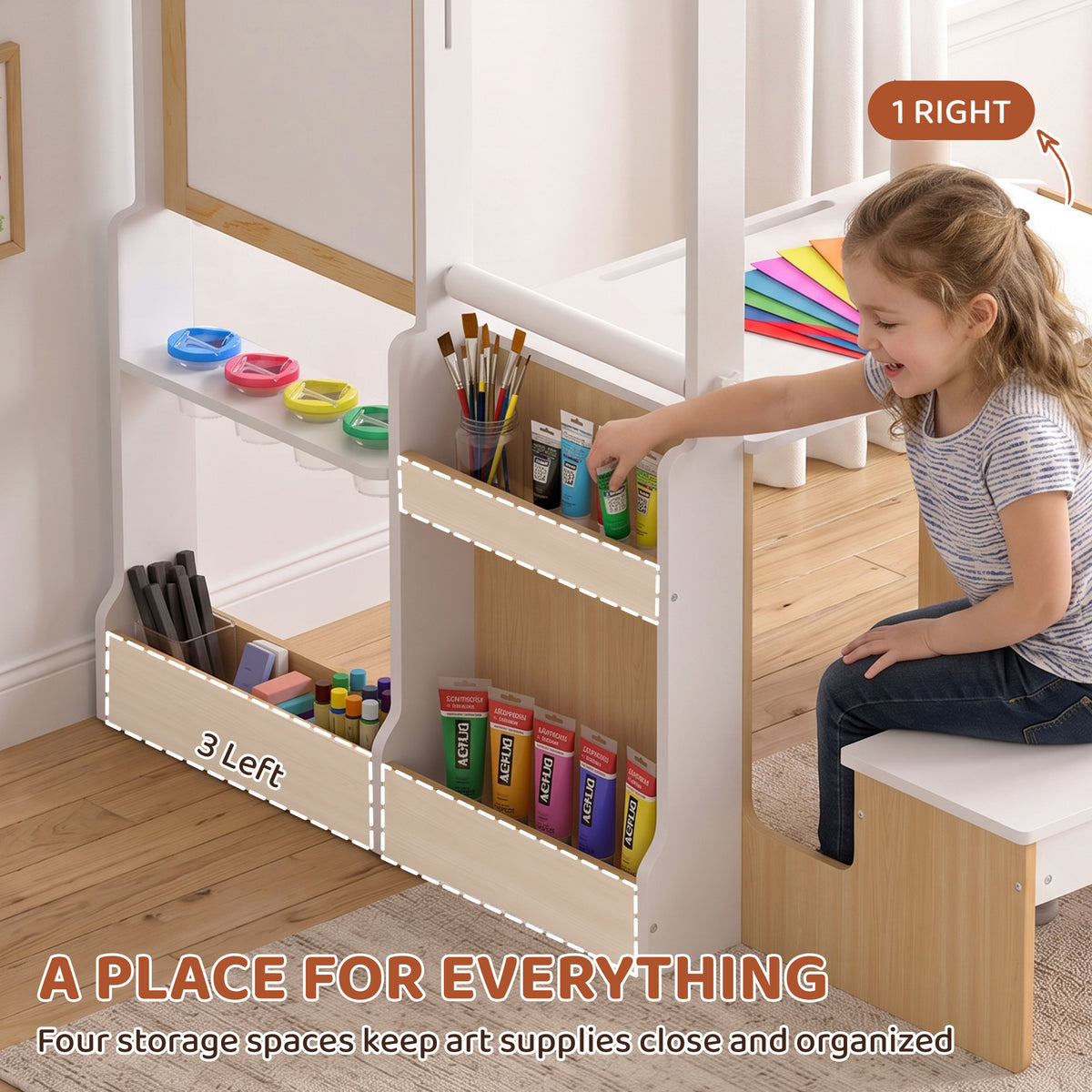 5-in-1 Kids Art Table and Chair Set with Easel, Wooden Craft and Play Activity Desk with Storage