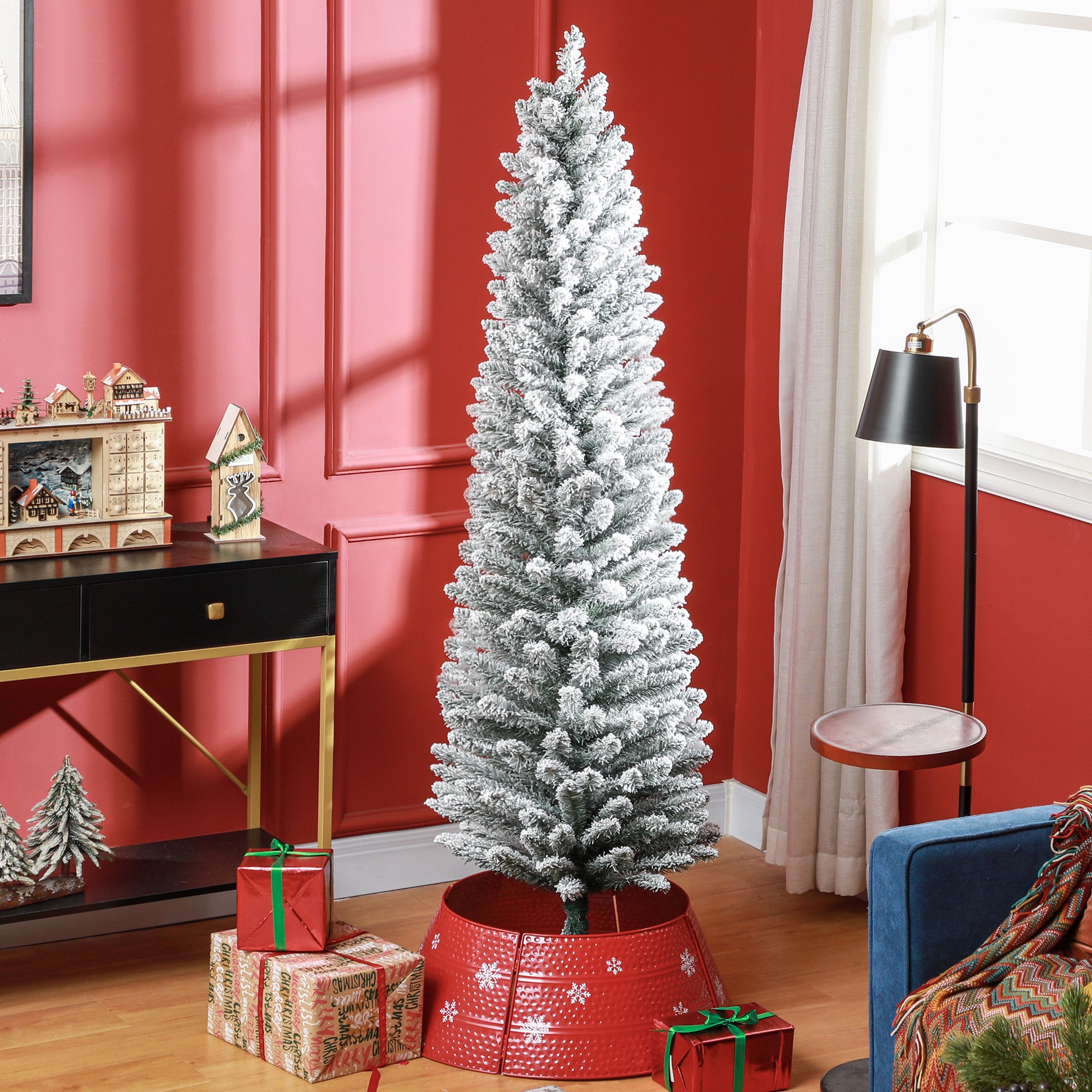 6ft Artificial Christmas Tree, Snow Flocked Branches, Metal Base, Pencil Xmas Tree
