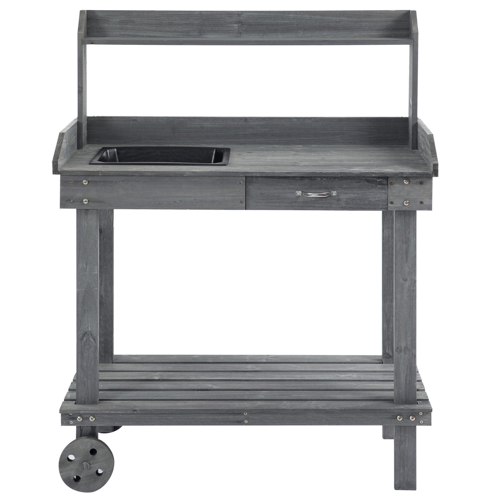 36" Wooden Potting Bench Work Table with 2 Removable Wheels, Garden Workstation with Removable Sink, Drawer & Large Storage Spaces, Gray - Gray - Image 7
