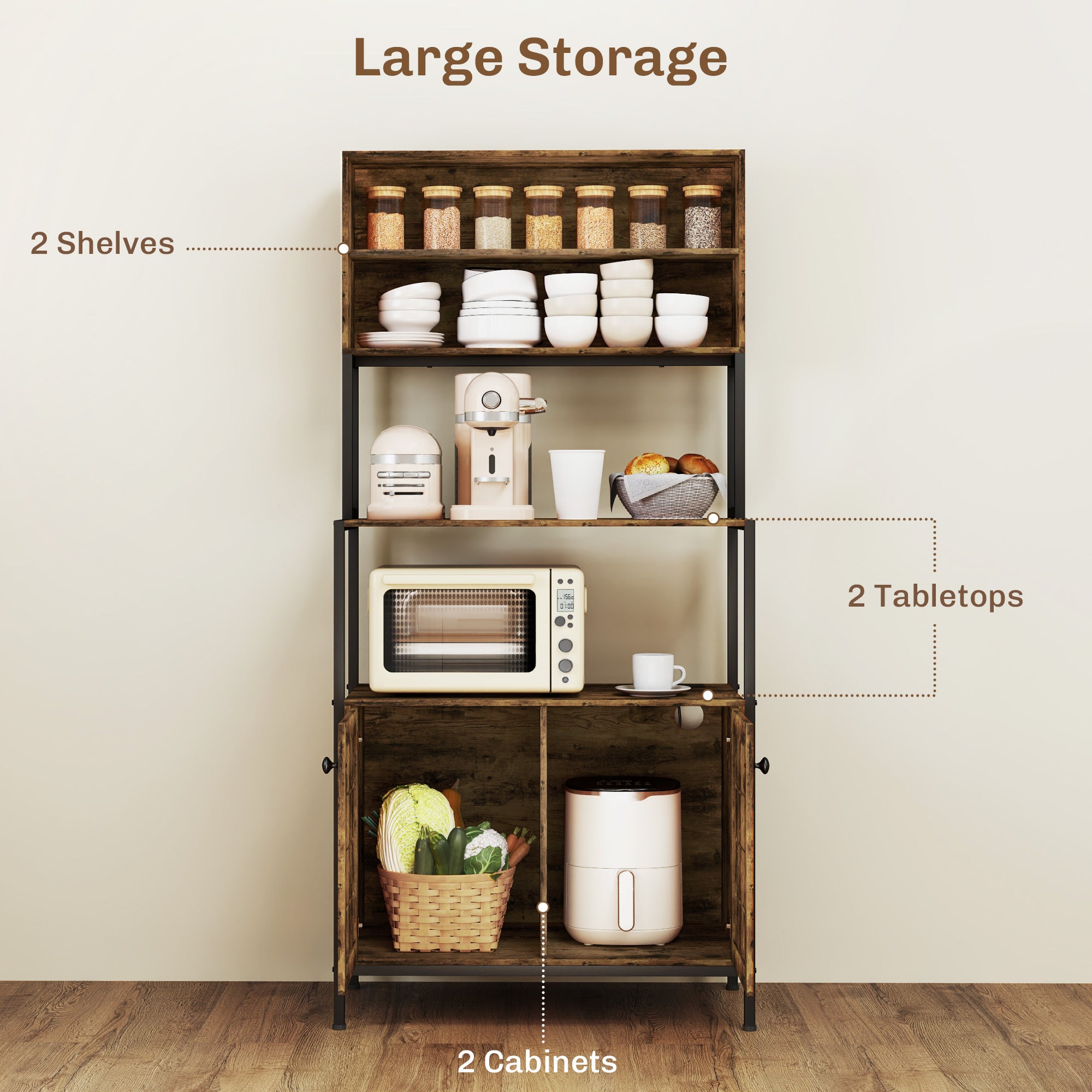 Baker's Rack with Power Outlet and Storage Shelves, Microwave Stand with Louvred Door Cabinets, Rustic Brown