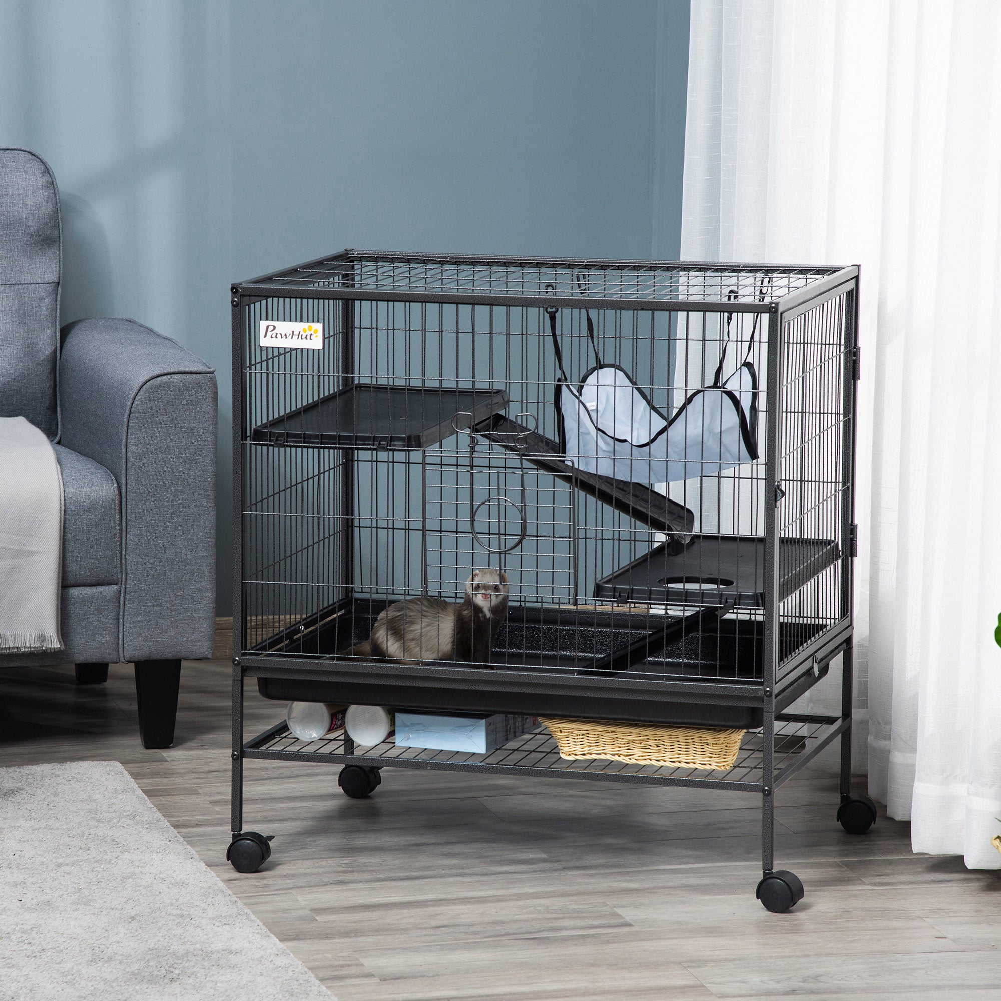Small Animal Cage with Wheels, Pet Playpen for Rat, Syrian Hamster, Kitten, Ferrets, Chinchillas with Bottom Storage Shelf, Removable Tray, Ramp, 31.5" x 20.5" x 33.1" - Black - Image 2