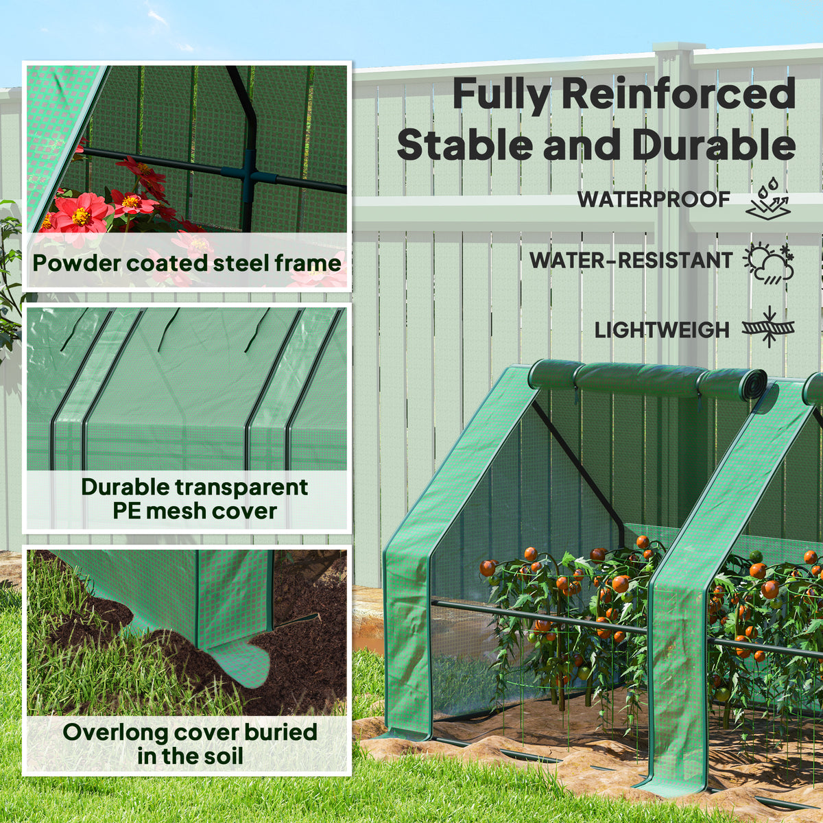 Portable Mini Greenhouse, Outdoor Garden with Large Zipper Doors and Water/UV PE Cover, 12' x 3' x 3', Green