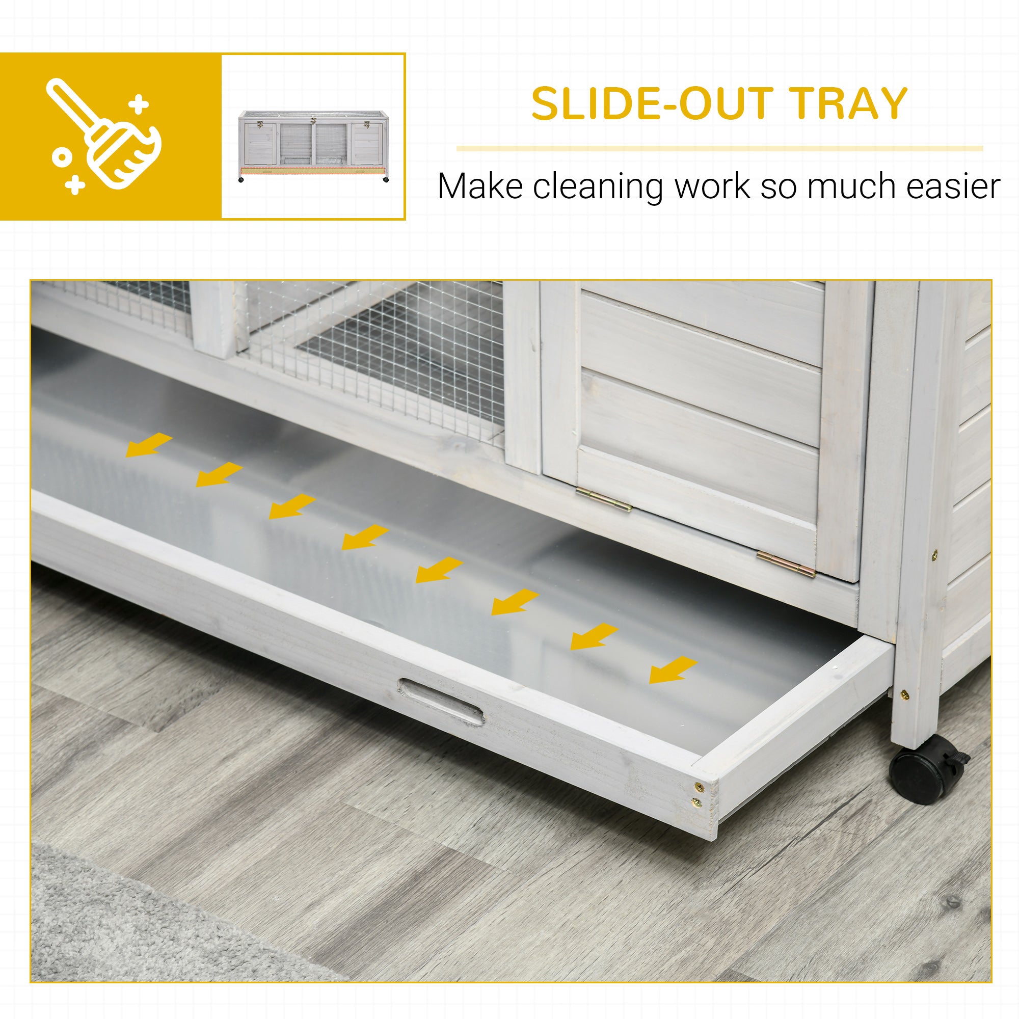 Wooden Rabbit Hutch with Wheels, Dividers for Indoor Use, Light Gray - Gray - Image 8