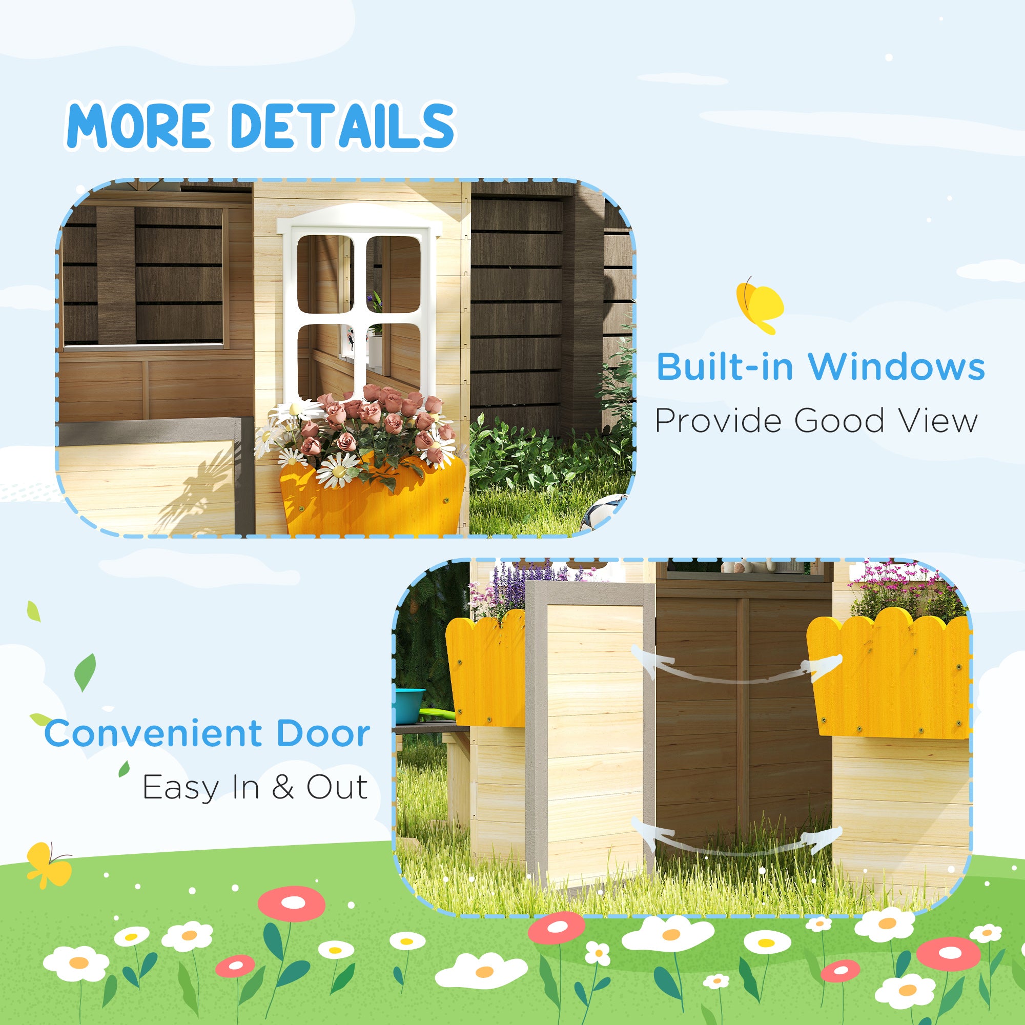 Wooden Playhouse for Kids Outdoor Garden Pretend Play Games, Adventures Cottage, with Working Door, Windows, Bench, Service Station, Flowers Pot Holder, for 3-7 Years Old
