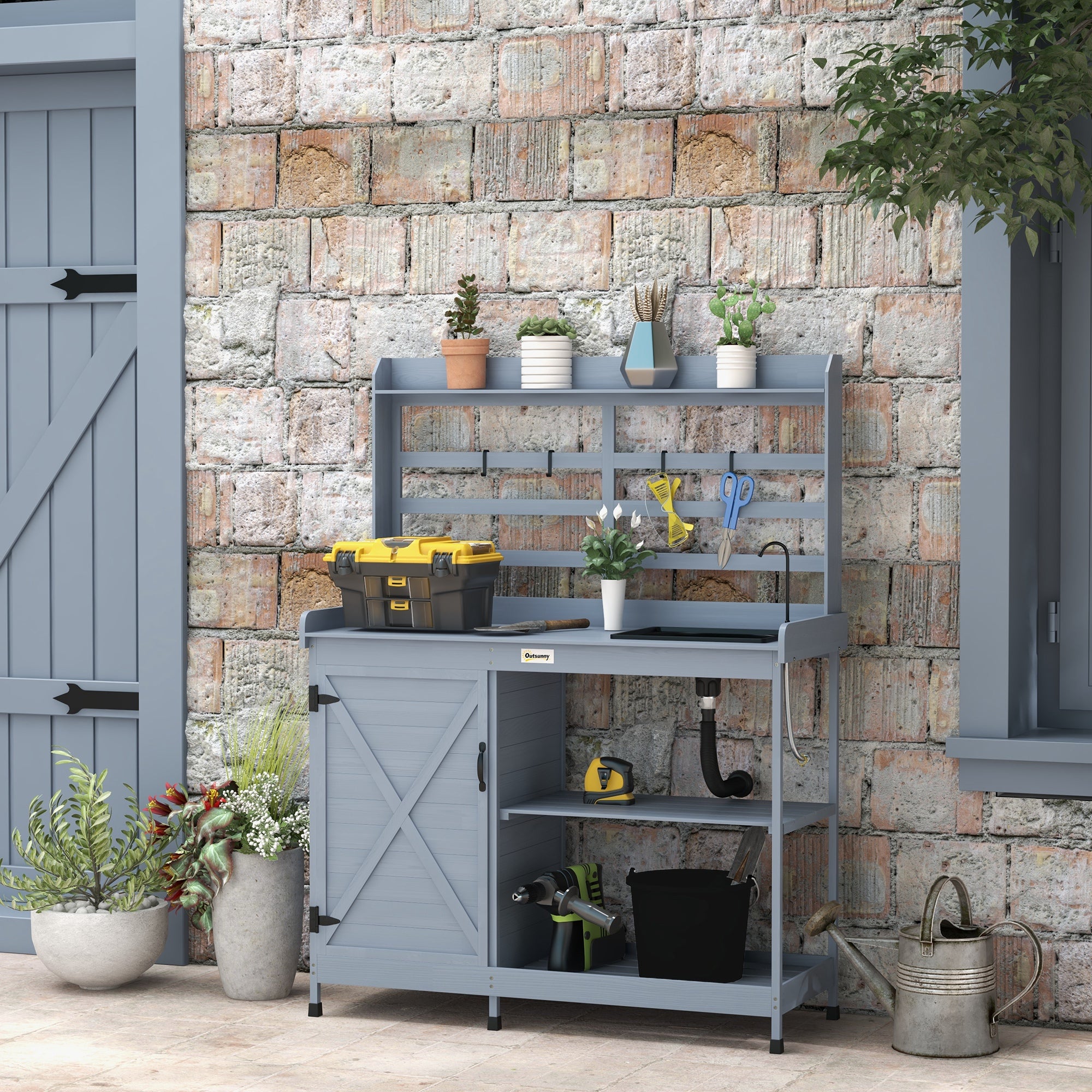 Wooden Potting Bench with Storage, Sink, Water Tap for Backyard, Patio, Balcony, Gray - Gray - Image 8