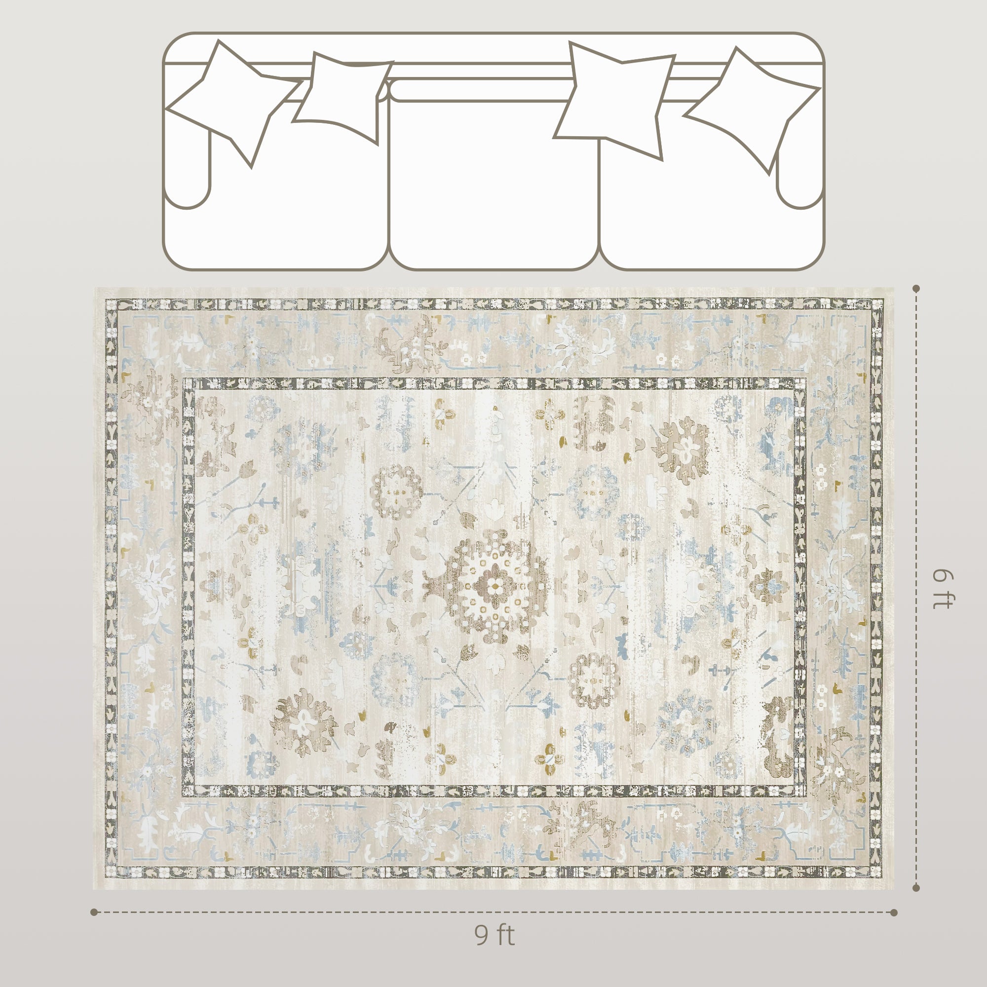 6x9 Area Rug, Indoor Boho Machine Washable Carpet for Living Room, Bedroom, Dining Room, Kitchen, Blue