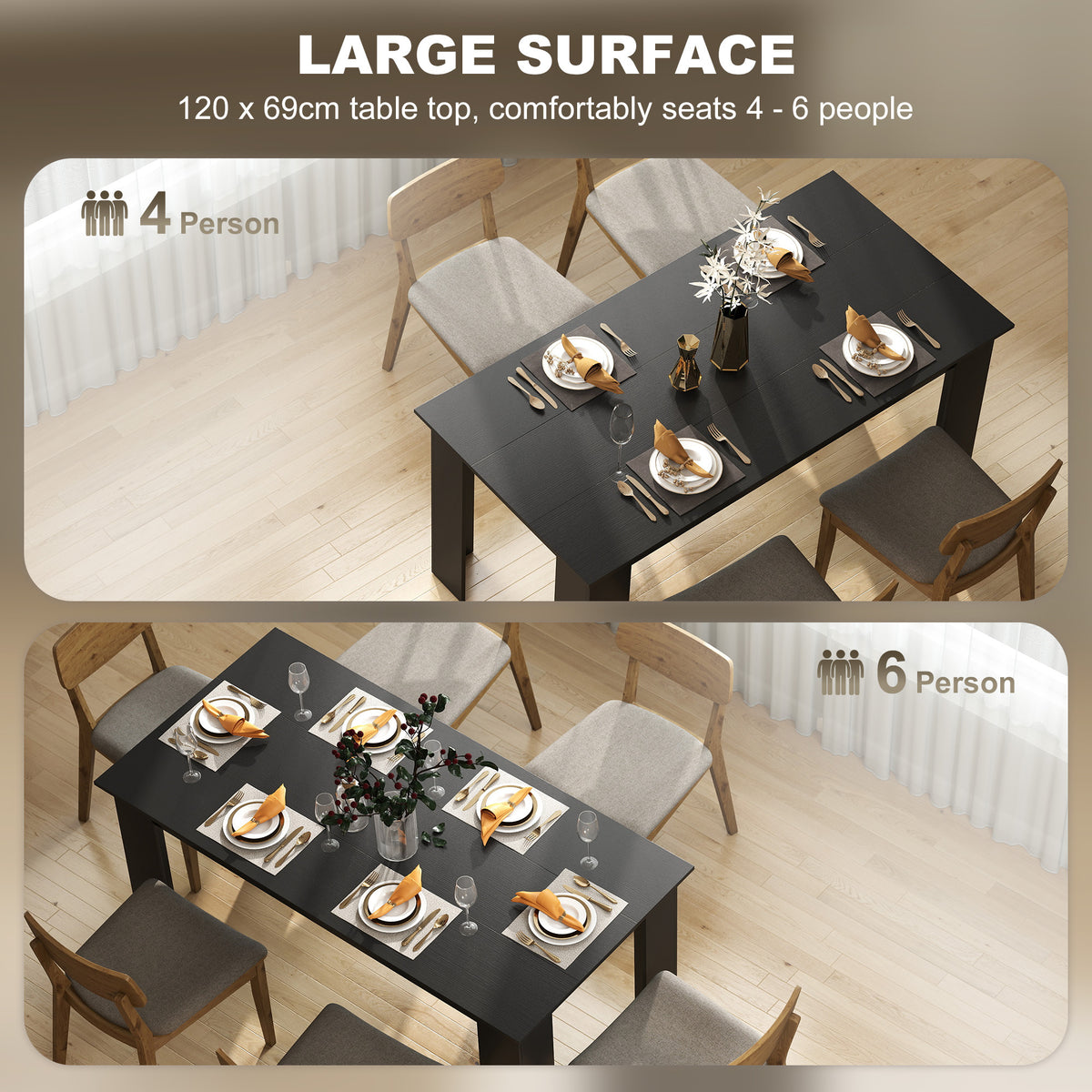 63" Dining Table for 4-6 People, Modern Rectangular Kitchen Table for Dining Room, Living Room, Black Wood Effect