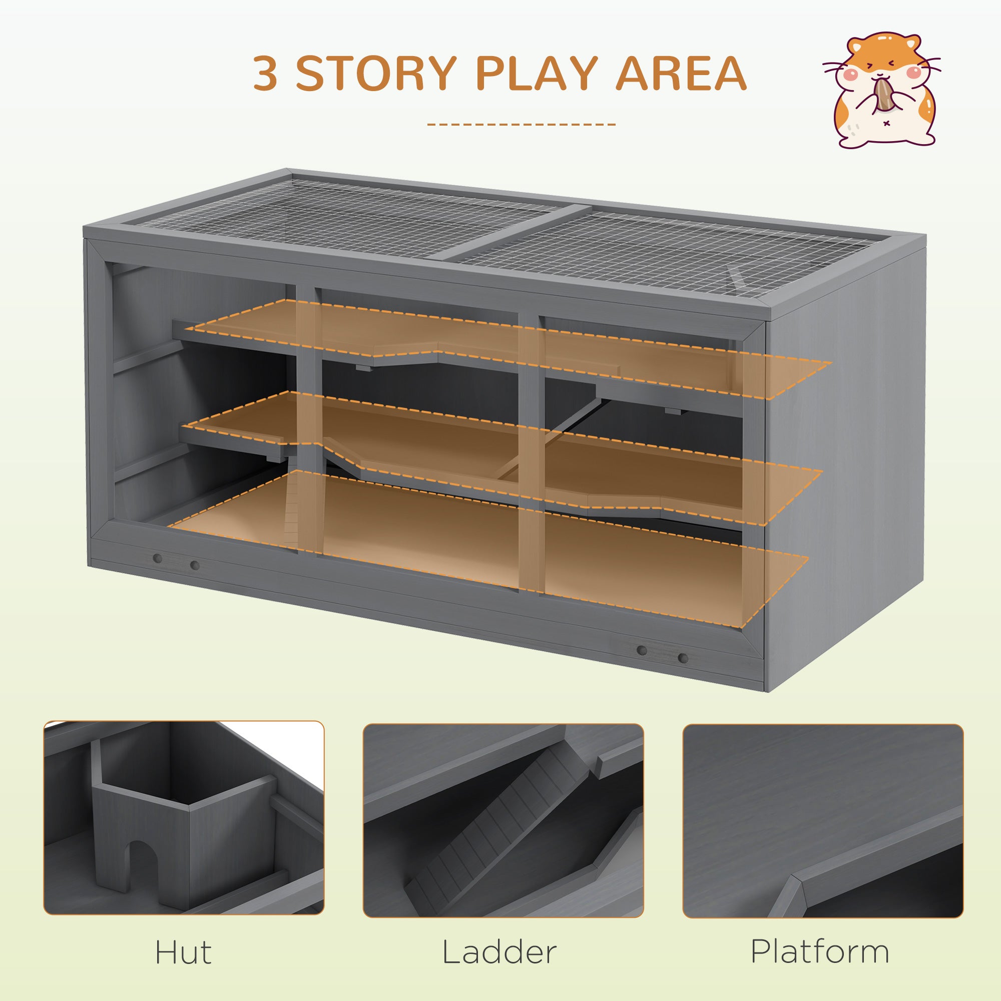 Extra Large Wooden Hamster Cage with Opening Roof, Hut, Ramps, Gray - Gray - Image 4