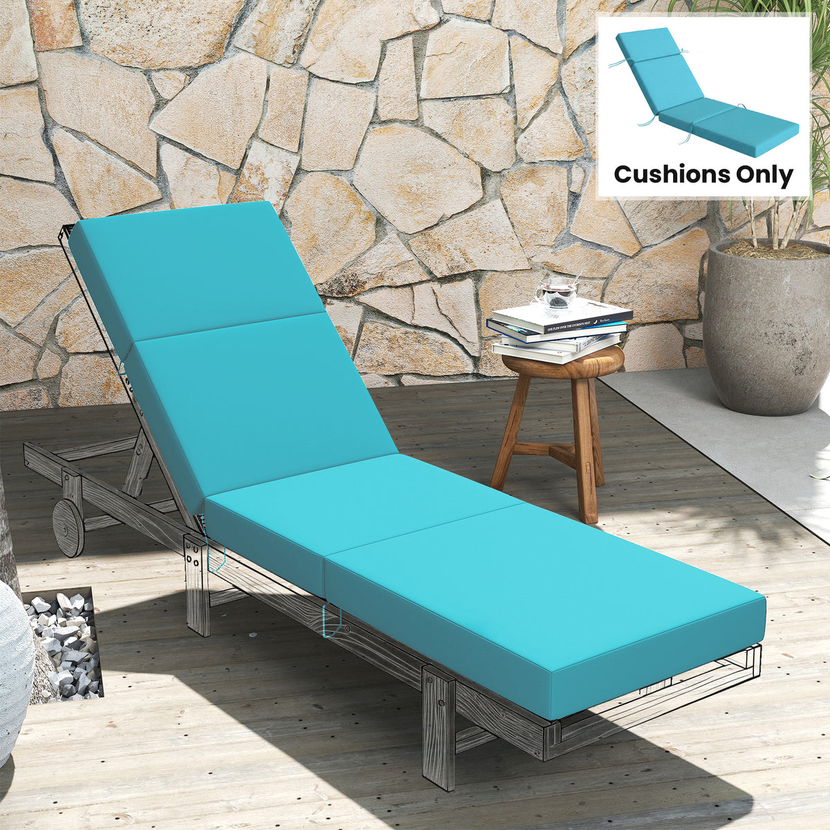 Chaise Lounge Cushion, 4" Thick Outdoor Lounge Chair Cushion with Ties for Patio, 21" x 72", Blue