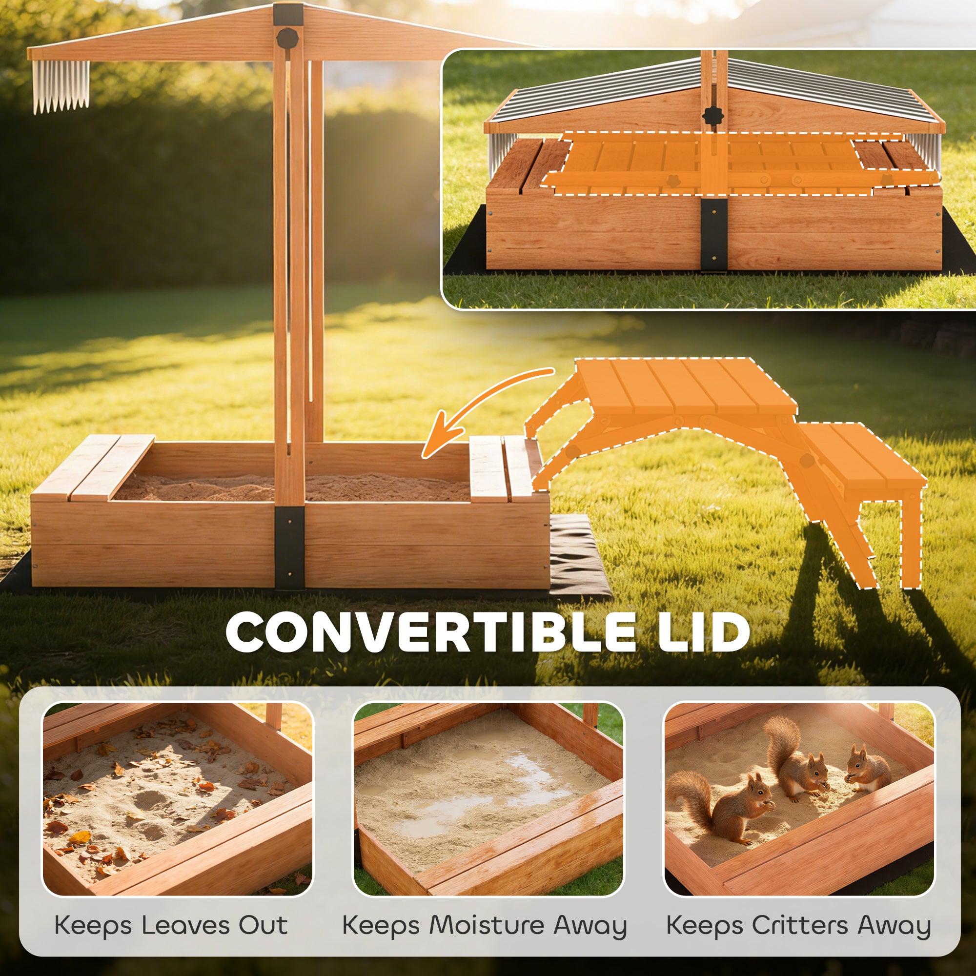 Kids Sandbox with Lid, Wooden Sand Pit with Canopy, Foldable Picnic Table, Bench Seats, Bottom Liner, Cover, Brown