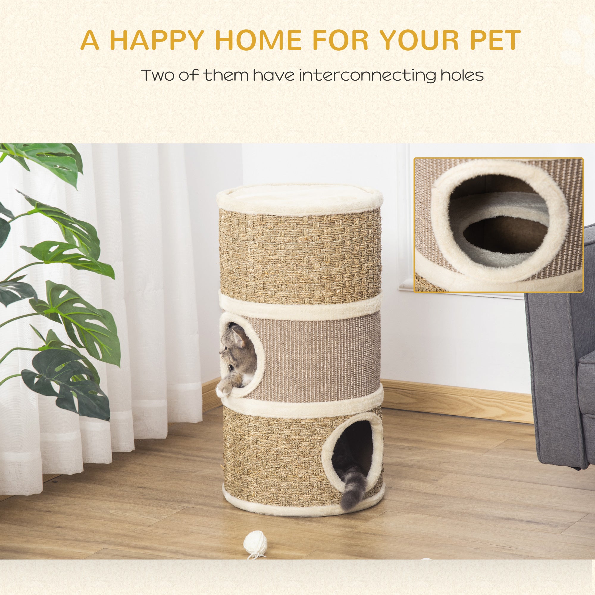 28 Inch Cat Condo, 3 Story Cat Hideaway with Sisal Scratching Pad - Khaki - Image 4