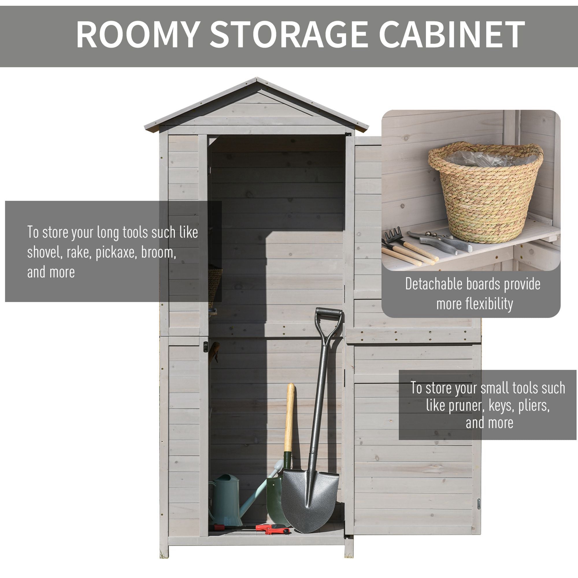 Wooden Garden Cabinet 4-Tier Storage Shed Lockable Organizer w/ Foot Pad Handle - Light Grey - Image 4