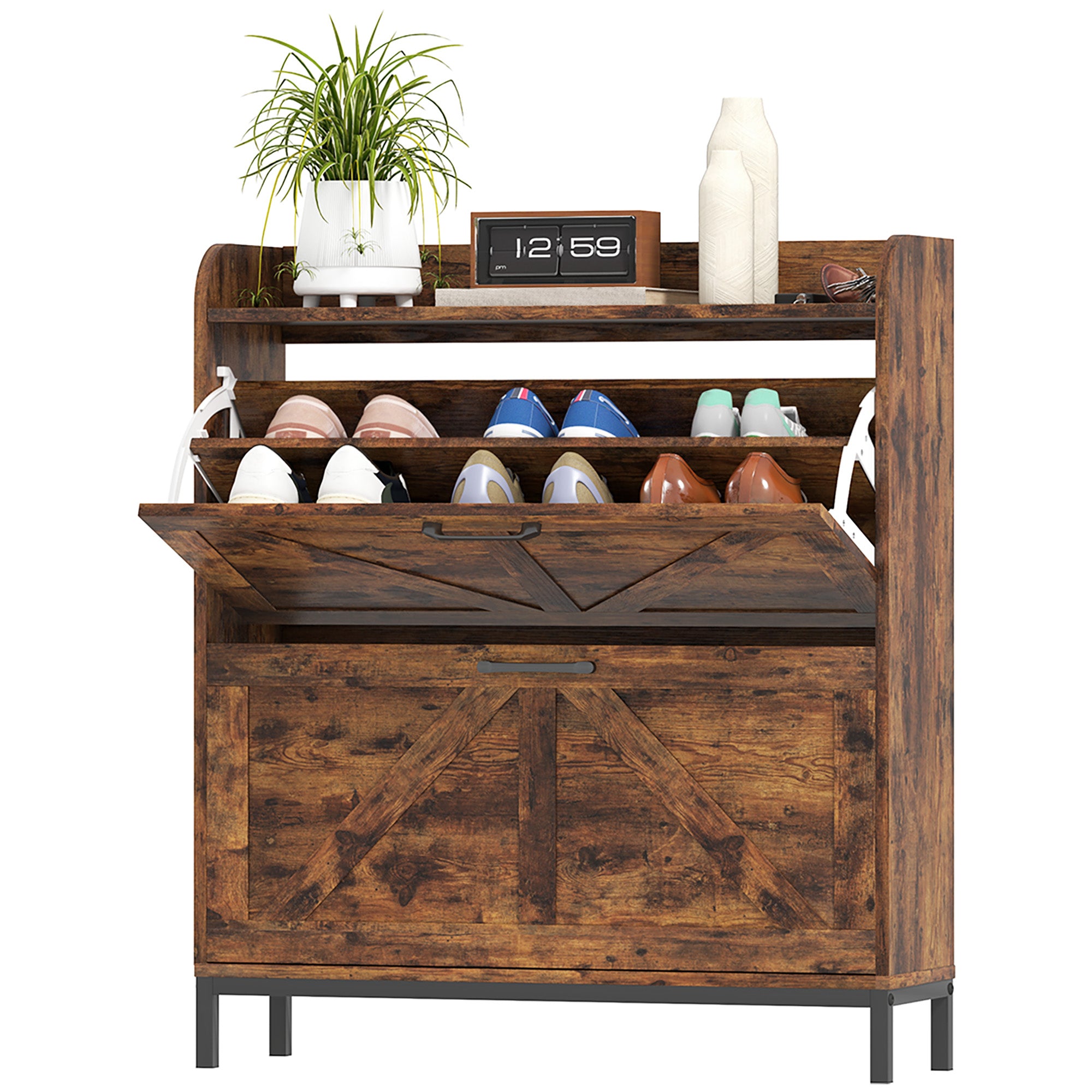 Shoe Cabinet Organizer with 2 Flip Drawers, Legs, Narrow Shoe Storage Cabinet for Entryway, Hallway, Rustic Brown - Rustic Brown