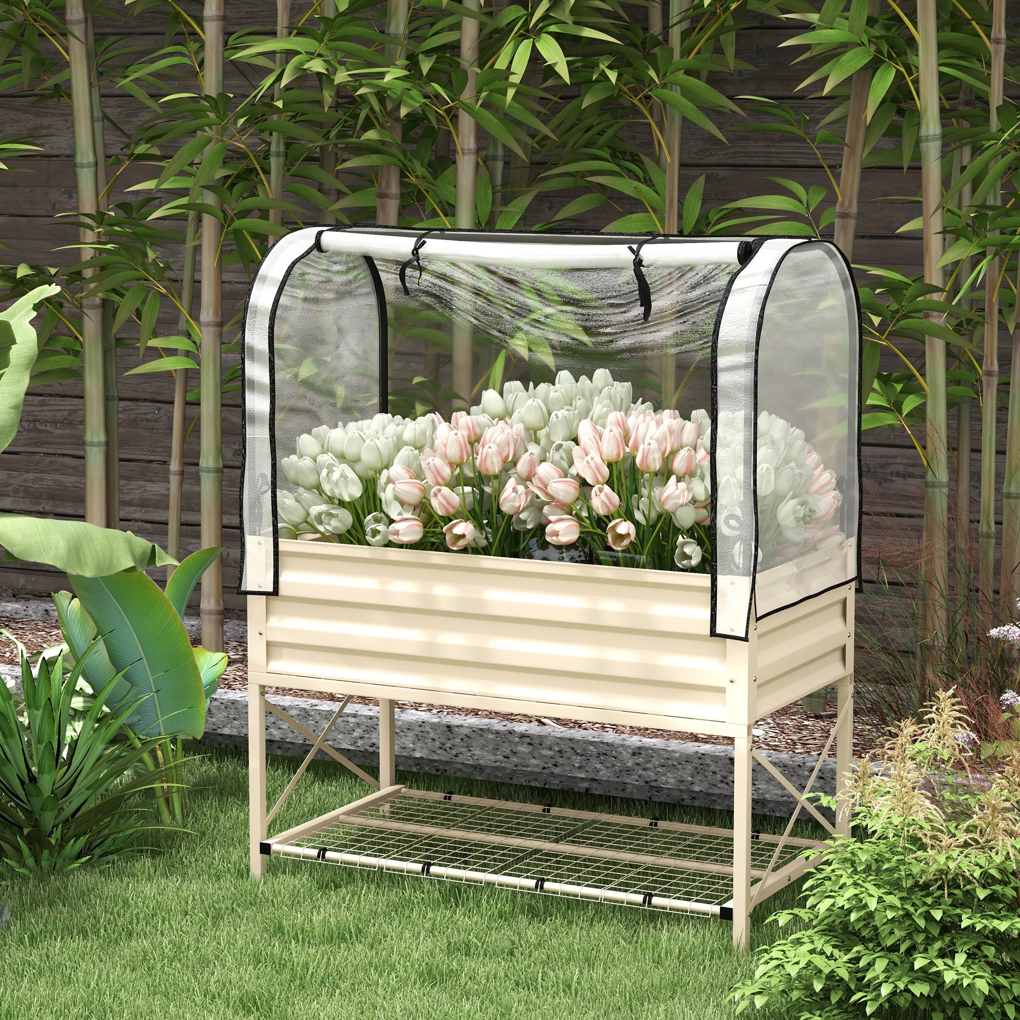 Raised Garden Bed with Legs and Cover, Metal Elevated Planter Box with Bottom Shelf and Liner for Vegetables, Cream - Cream White - Image 2