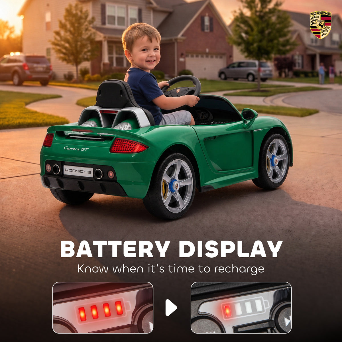 12V Kids Ride On Car, Licensed Porsche Carrera GT with Remote, Rear Suspension, Smooth Start for Ages 3-6, Green