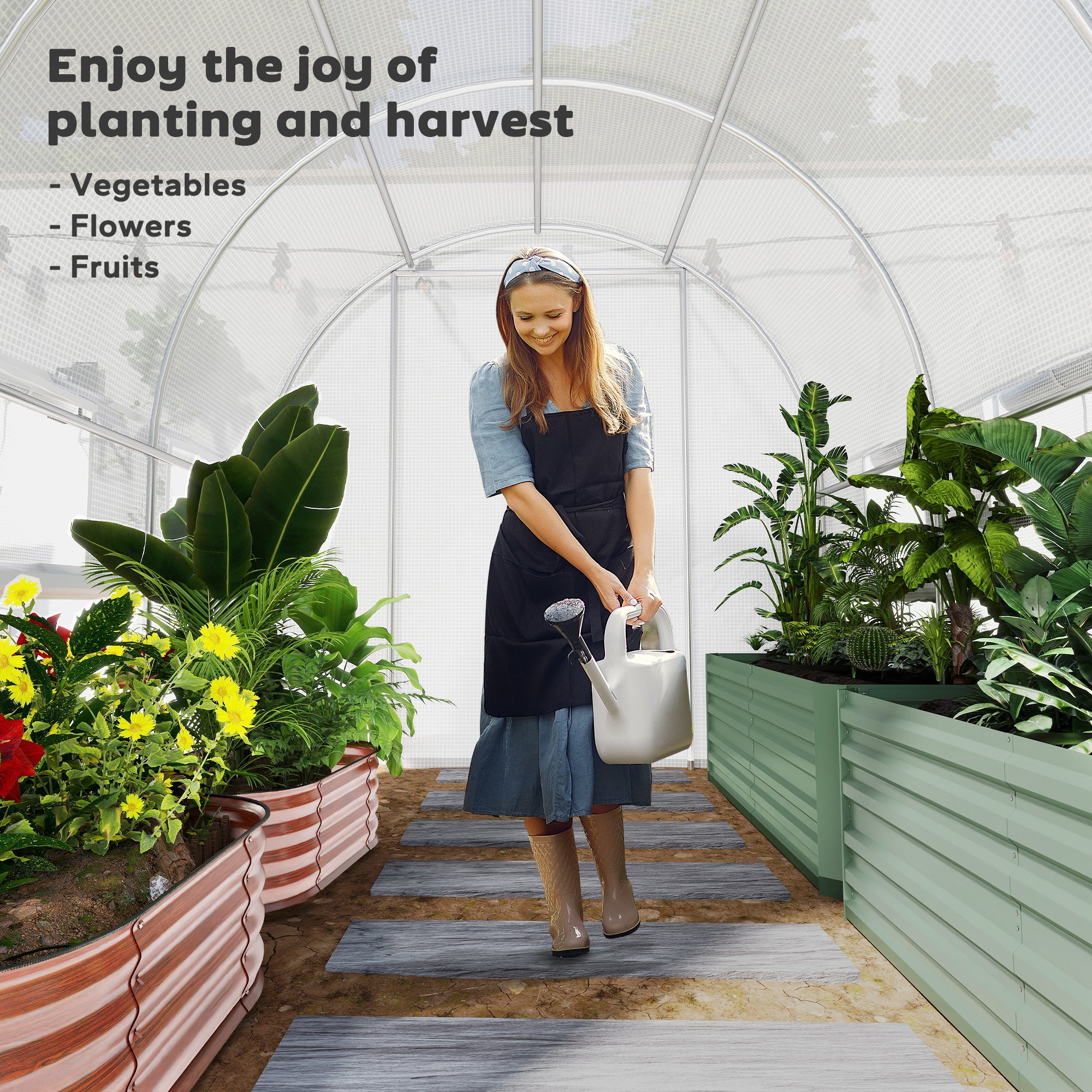 9.7' x 6.5' x 6.5' Walk-in Tunnel Greenhouse, Outdoor Green House with Anti-Tear PE Cover, Zipper Doors and Mesh Windows, White - White - Image 7