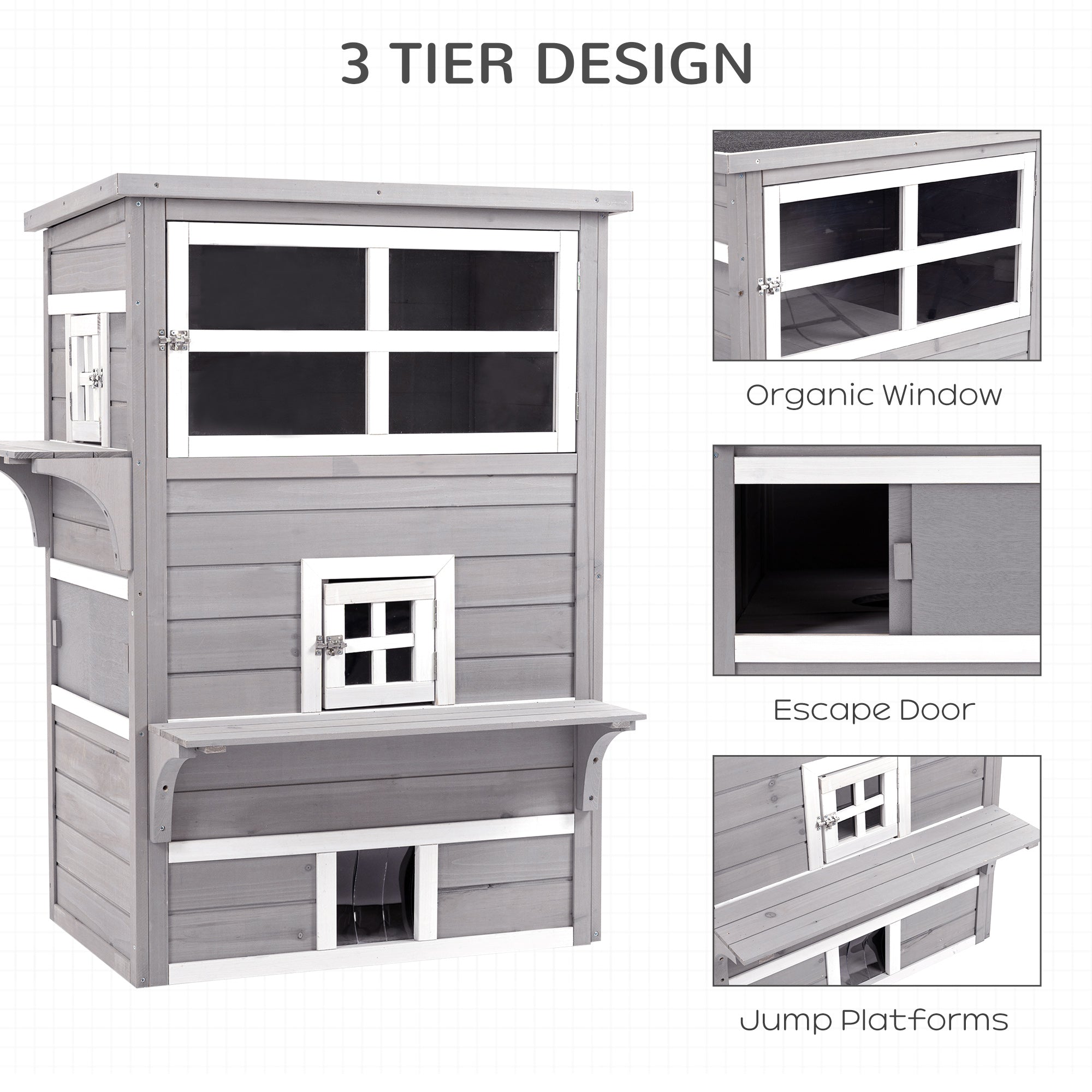 Outdoor Cat House, 3-Tier Kitty Shelter with 5 Escape Doors, Weather Resistant, Gray & White - Gray - Image 4
