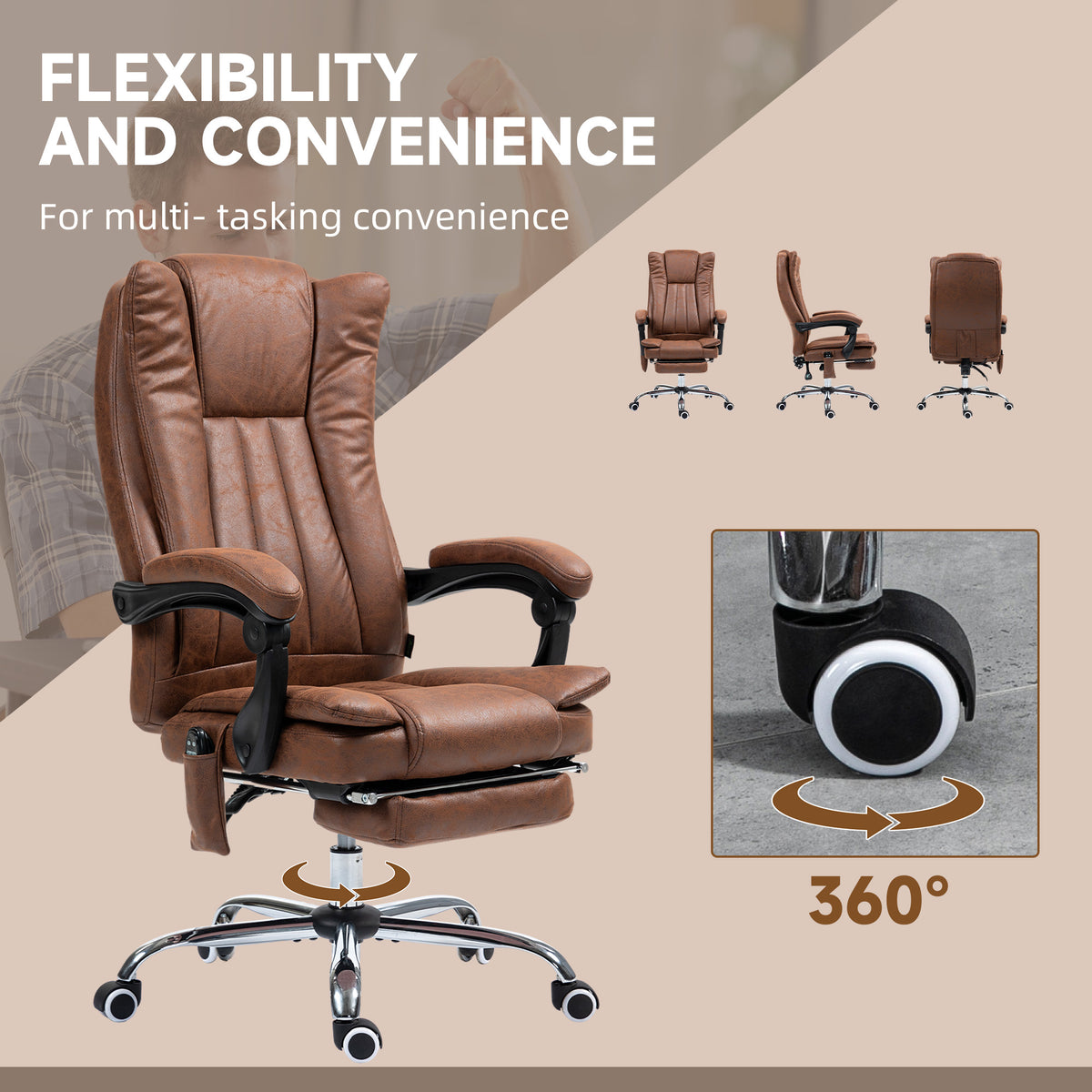Massage Office Chair with 6 Points and Heat, Reclining Computer Chair with Adjustable Height and Footrest, Brown