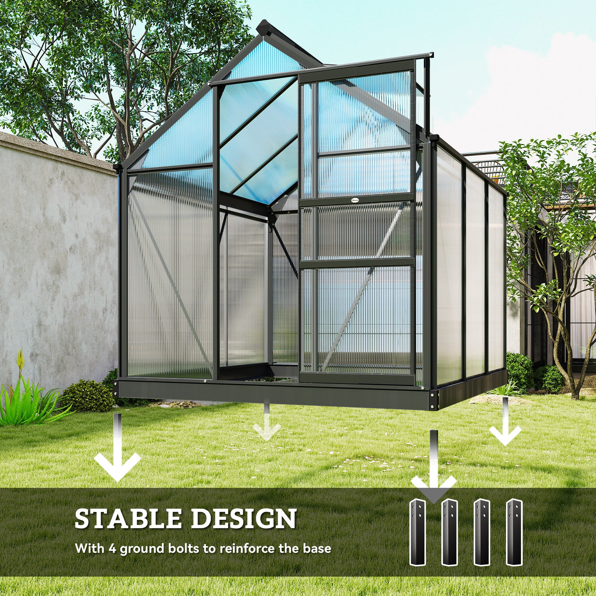 Polycarbonate Greenhouse, Heavy Duty Outdoor Aluminum Walk-in Green House Kit Vent Door, 6.2'x6.2'x6.6' Gray - Gray - Image 6