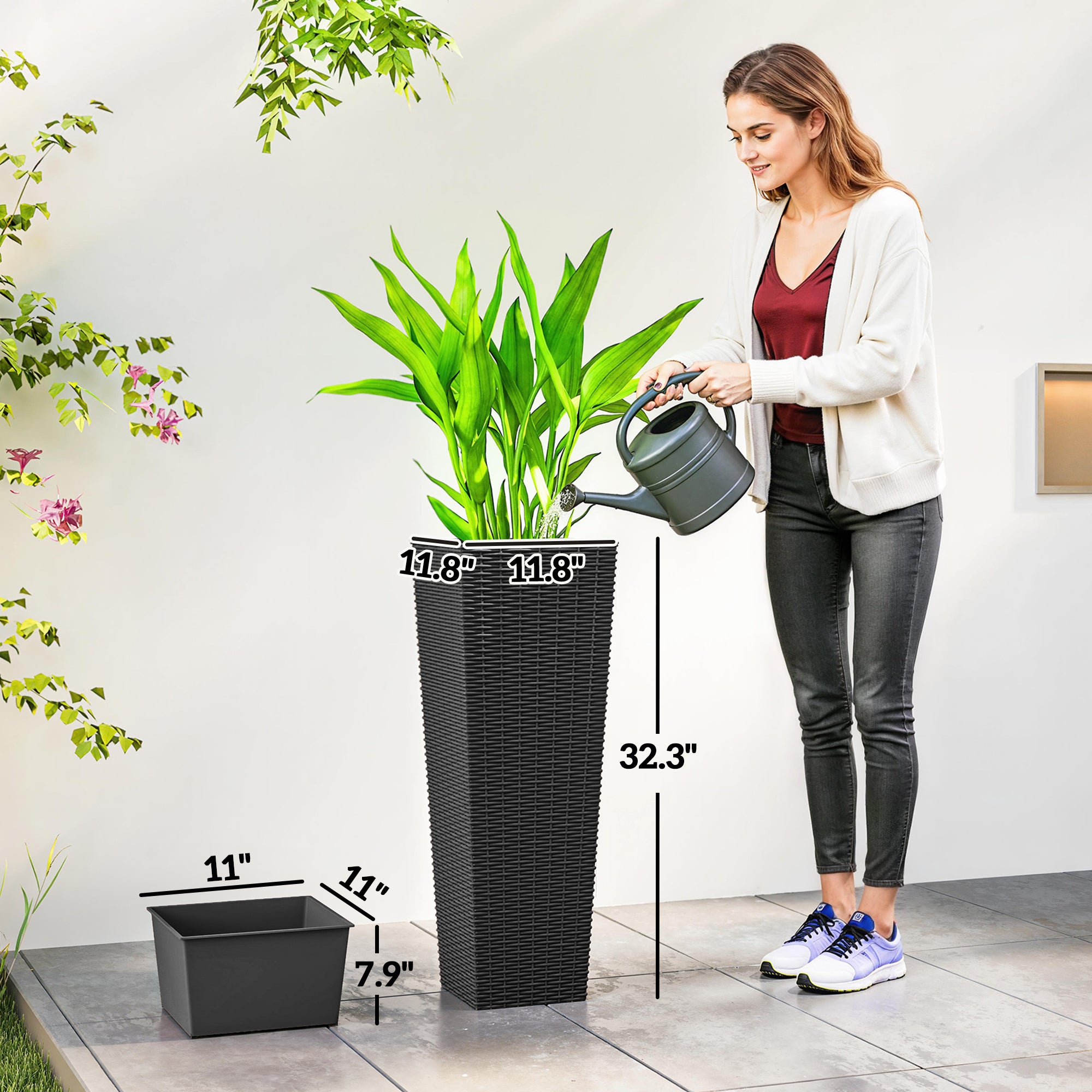 32 Inch Tall Planters for Outdoor Plants, Set of 2 Plastic Flower Pots with Drainage Holes, Black - Black - Image 3