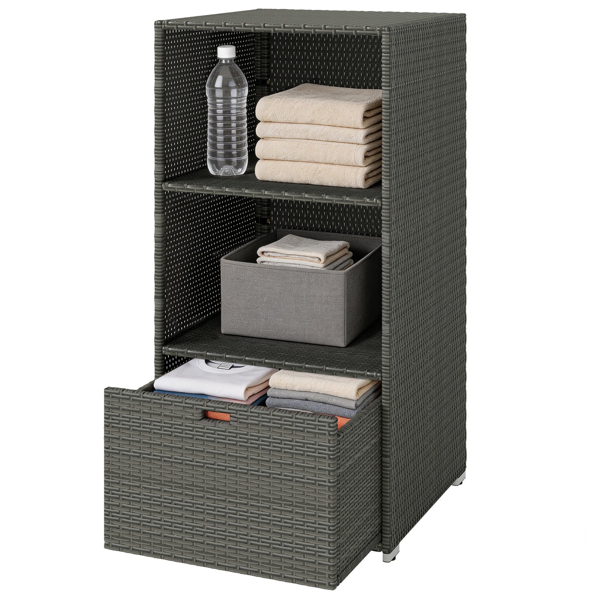 Valet Pool Towel Rack, Water-Resistant PE Plastic Rattan Wicker Storage Organizer, 2 Shelves, 1 Basket Drawer, Dark Gray