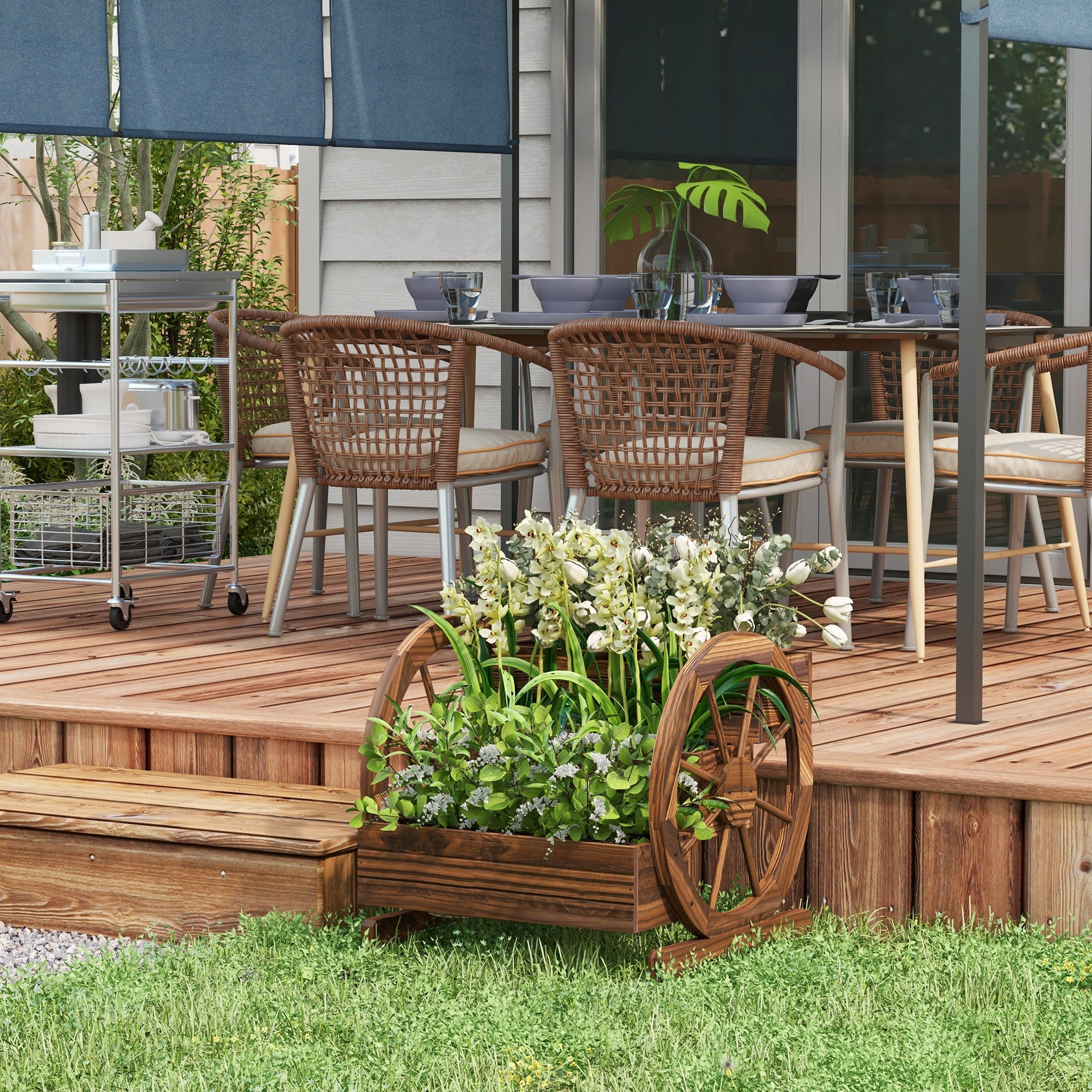 Wooden Wagon Planter Box, 3-Tier Raised Garden Bed, for Vegetables Flowers Herbs, 25" x 24" x 23" - Carbonized - Image 2
