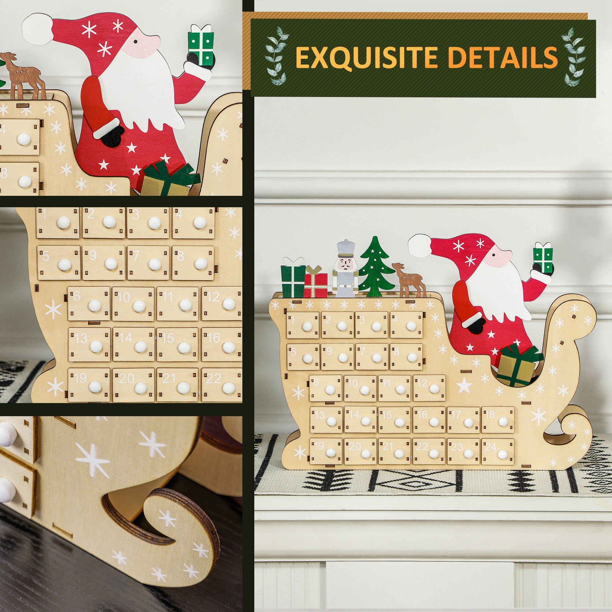 Wooden Christmas Advent Calendar with 24 Countdown Drawers, Reusable Holiday Decor Xmas Gift for Kids Adults, Natural