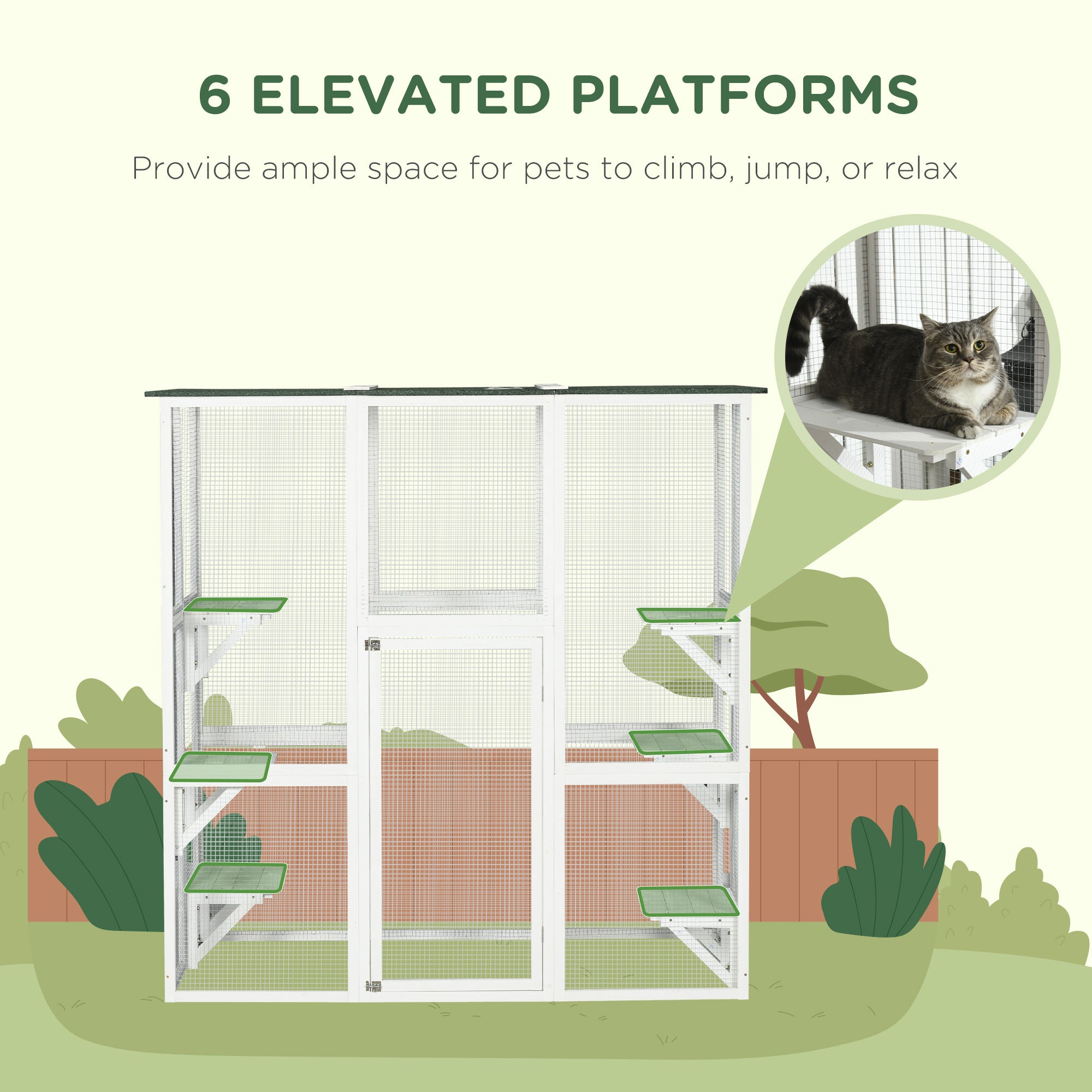 Outdoor Cat House Big Catio Wooden Feral Cat Shelter Enclosure with Large Spacious Interior, 6 High Ledges, Weather Protection Asphalt Roof, 71" L, White - White - Image 6