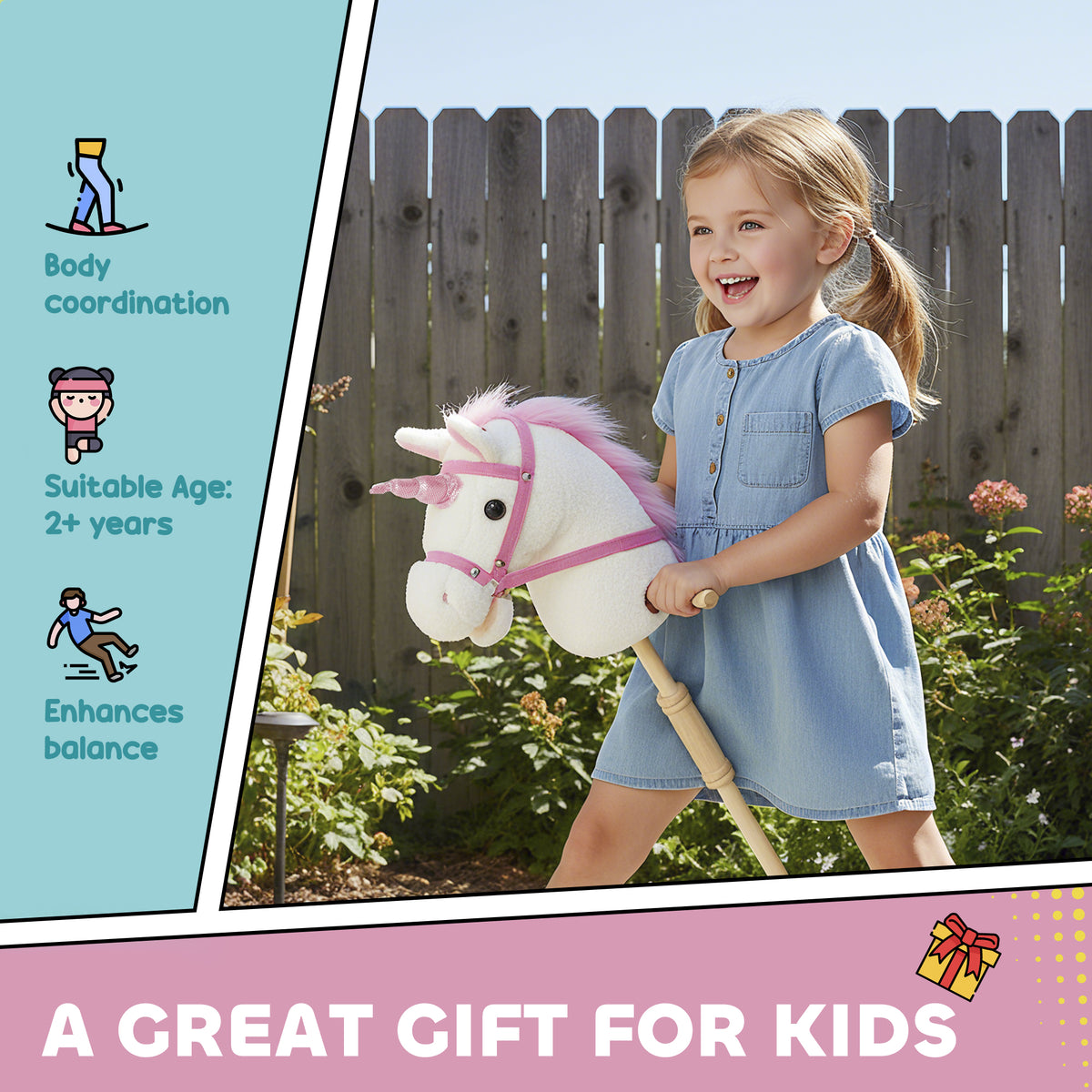 Stick Horse, Plush Handcrafted Hobby Horse with Wood Wheels, Real Pony Neighing and Galloping Sounds for Kids, White