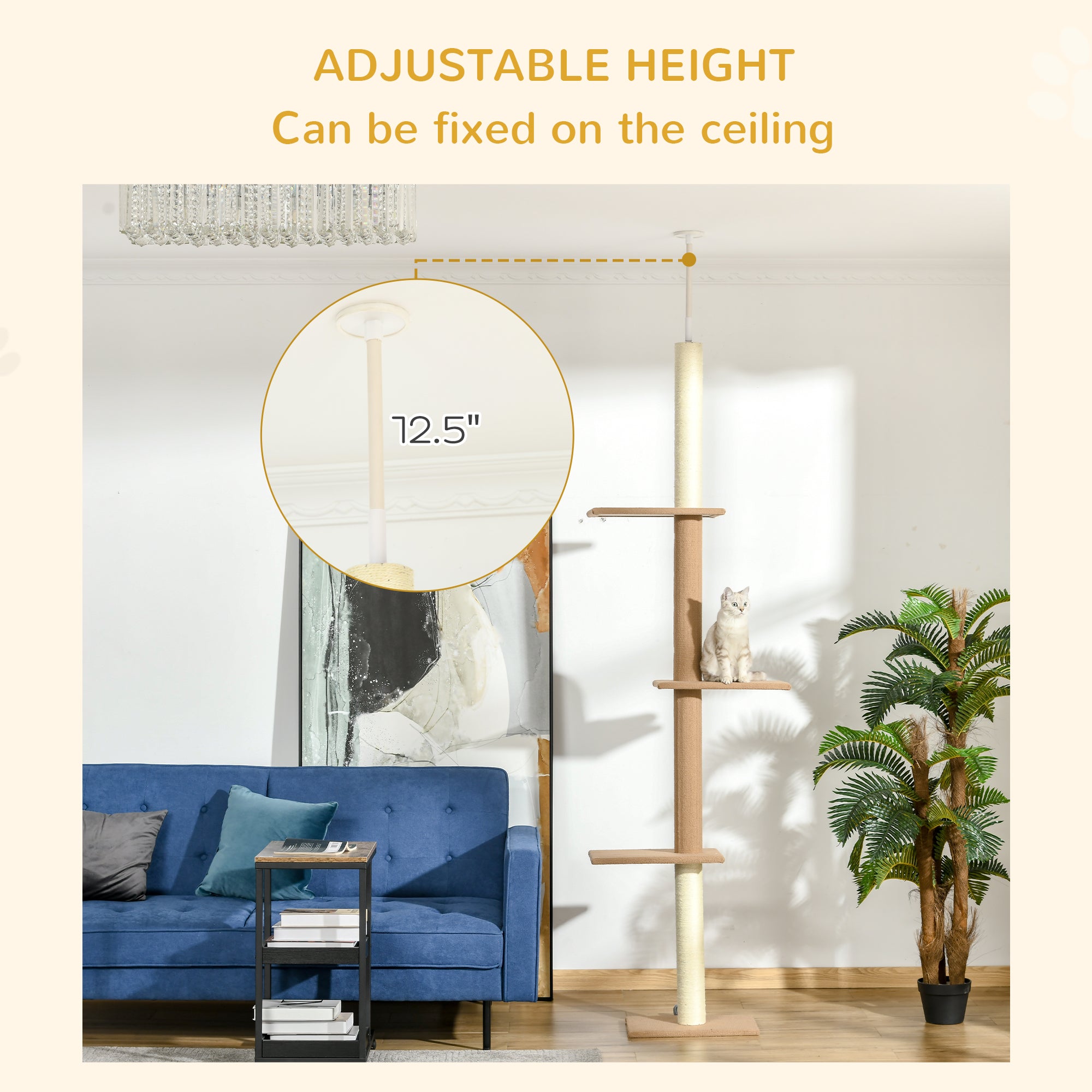 Floor-to-Ceiling Cat Tree Cat Climbing Tower with Sisal-Covered Scratching Posts Natural Cat Tree Activity Center for Kittens Cat Tower Furniture, Light brown - Brown - Image 5