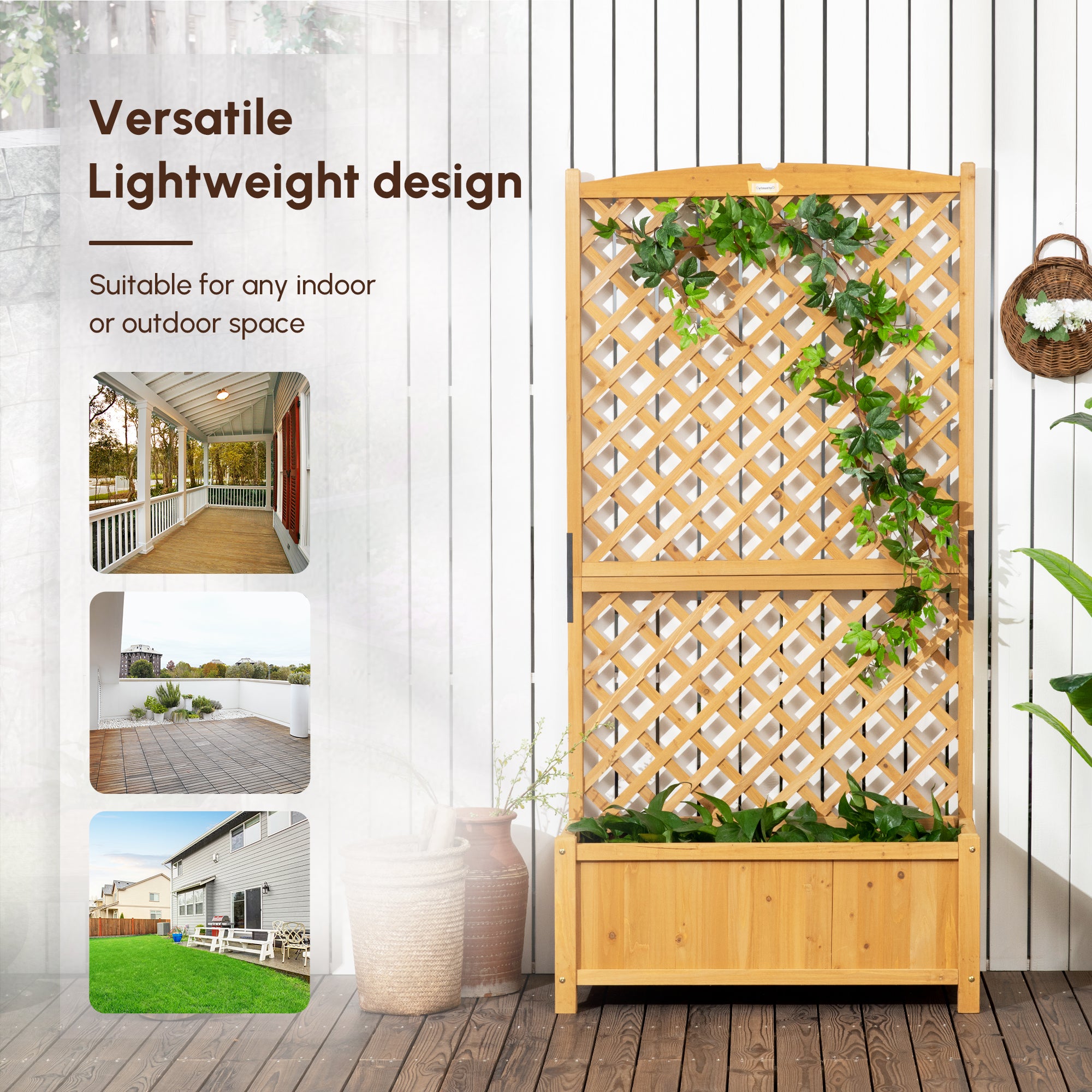 Wooden Raised Garden Bed with Trellis, Outdoor Planter Box with Drainage Crevices for Climbing Vine Plants Flowers, 24" x 12" x 49" - Natural - Image 8